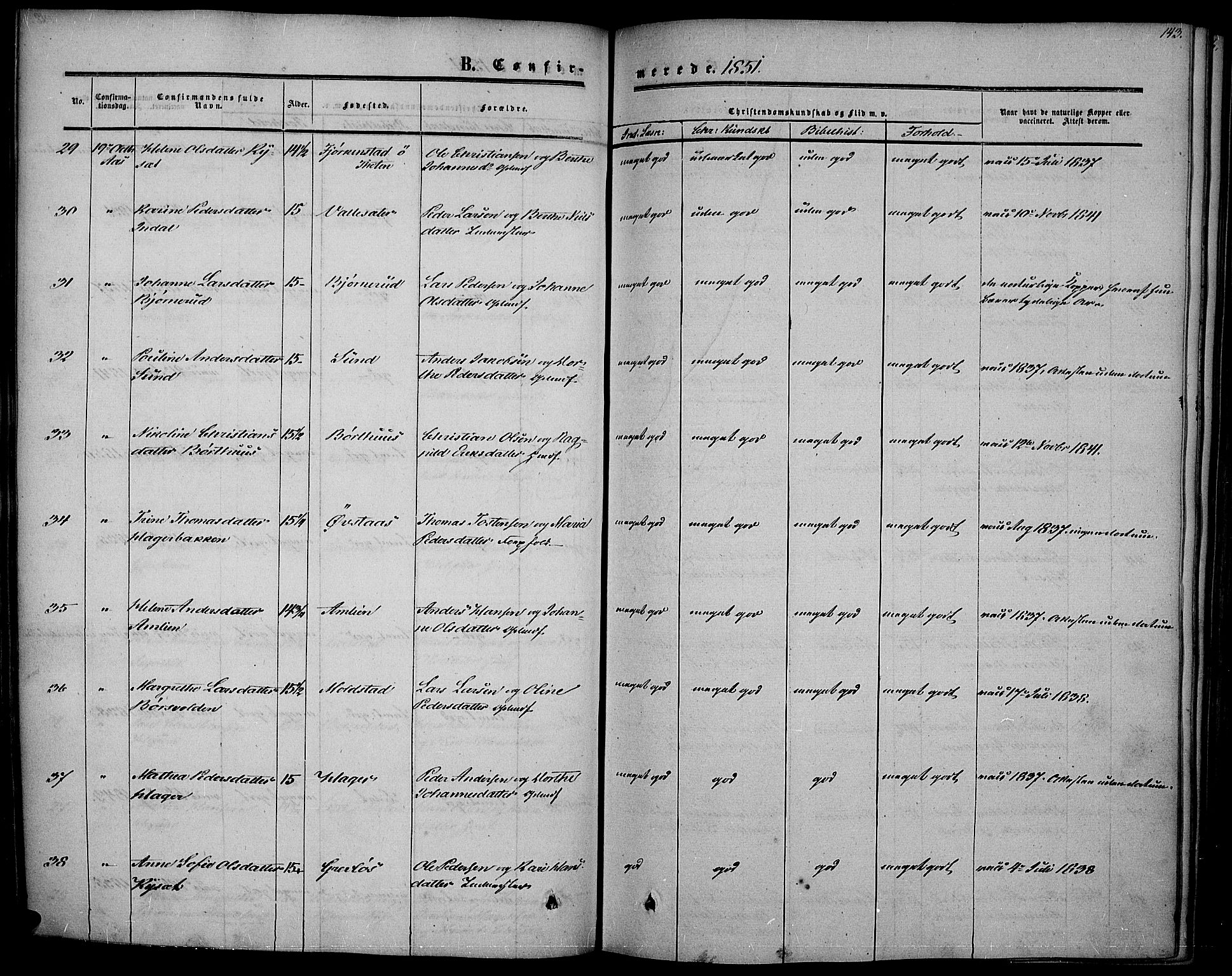 Vestre Toten prestekontor, SAH/PREST-108/H/Ha/Haa/L0005: Ministerialbok nr. 5, 1850-1855, s. 143