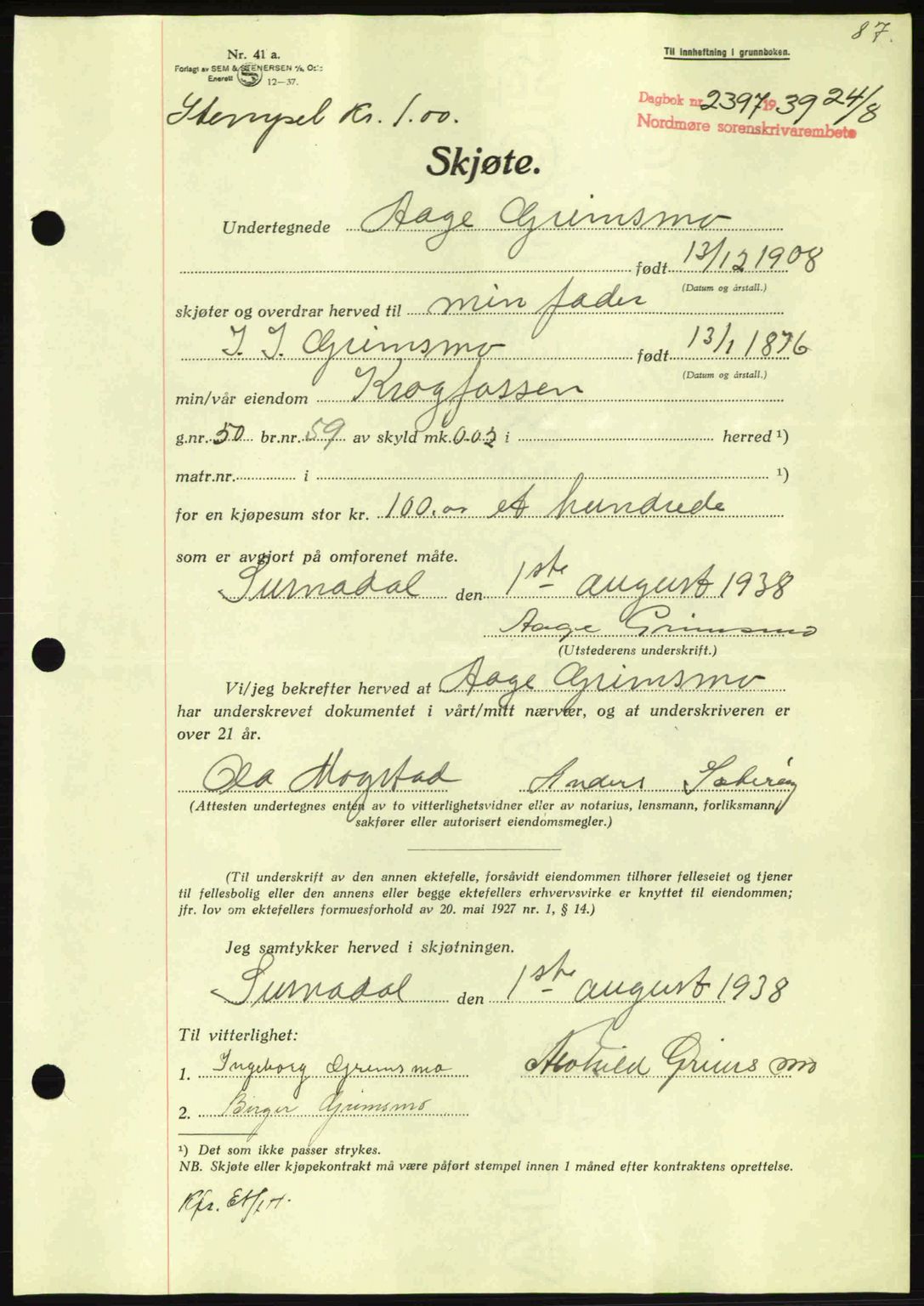 Nordmøre sorenskriveri, AV/SAT-A-4132/1/2/2Ca: Pantebok nr. A87, 1939-1940, Dagboknr: 2397/1939