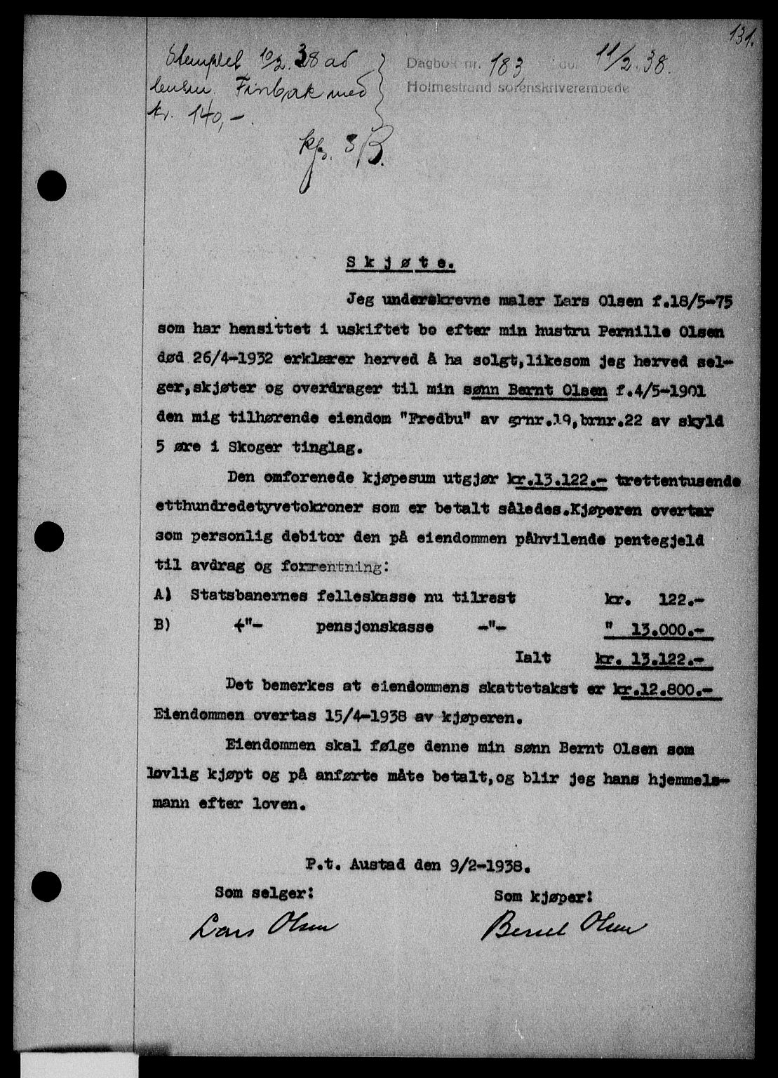 Holmestrand sorenskriveri, SAKO/A-67/G/Ga/Gaa/L0049: Pantebok nr. A-49, 1937-1938, Dagboknr: 183/1938