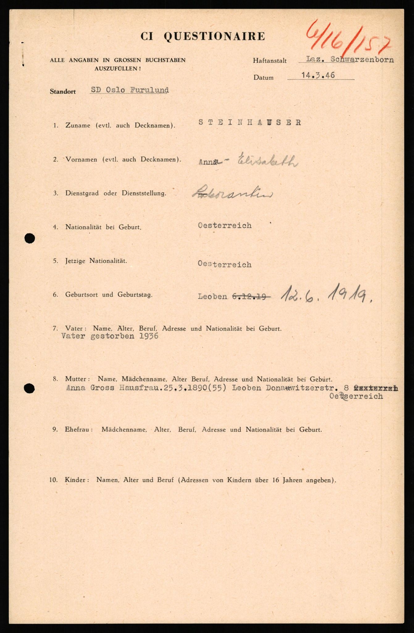 Forsvaret, Forsvarets overkommando II, AV/RA-RAFA-3915/D/Db/L0040: CI Questionaires. Tyske okkupasjonsstyrker i Norge. Østerrikere., 1945-1946, s. 210