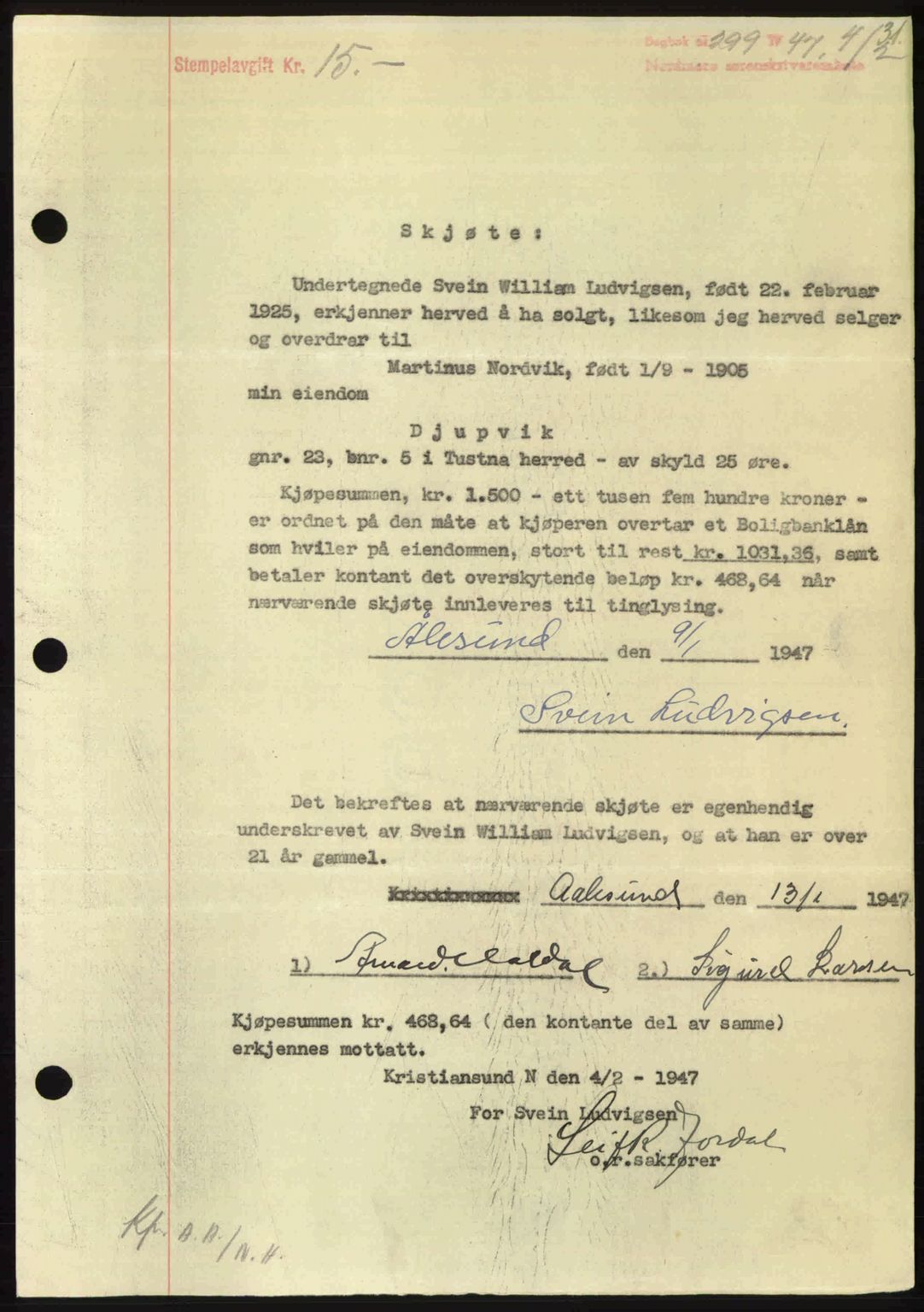 Nordmøre sorenskriveri, SAT/A-4132/1/2/2Ca: Pantebok nr. A104, 1947-1947, Dagboknr: 299/1947