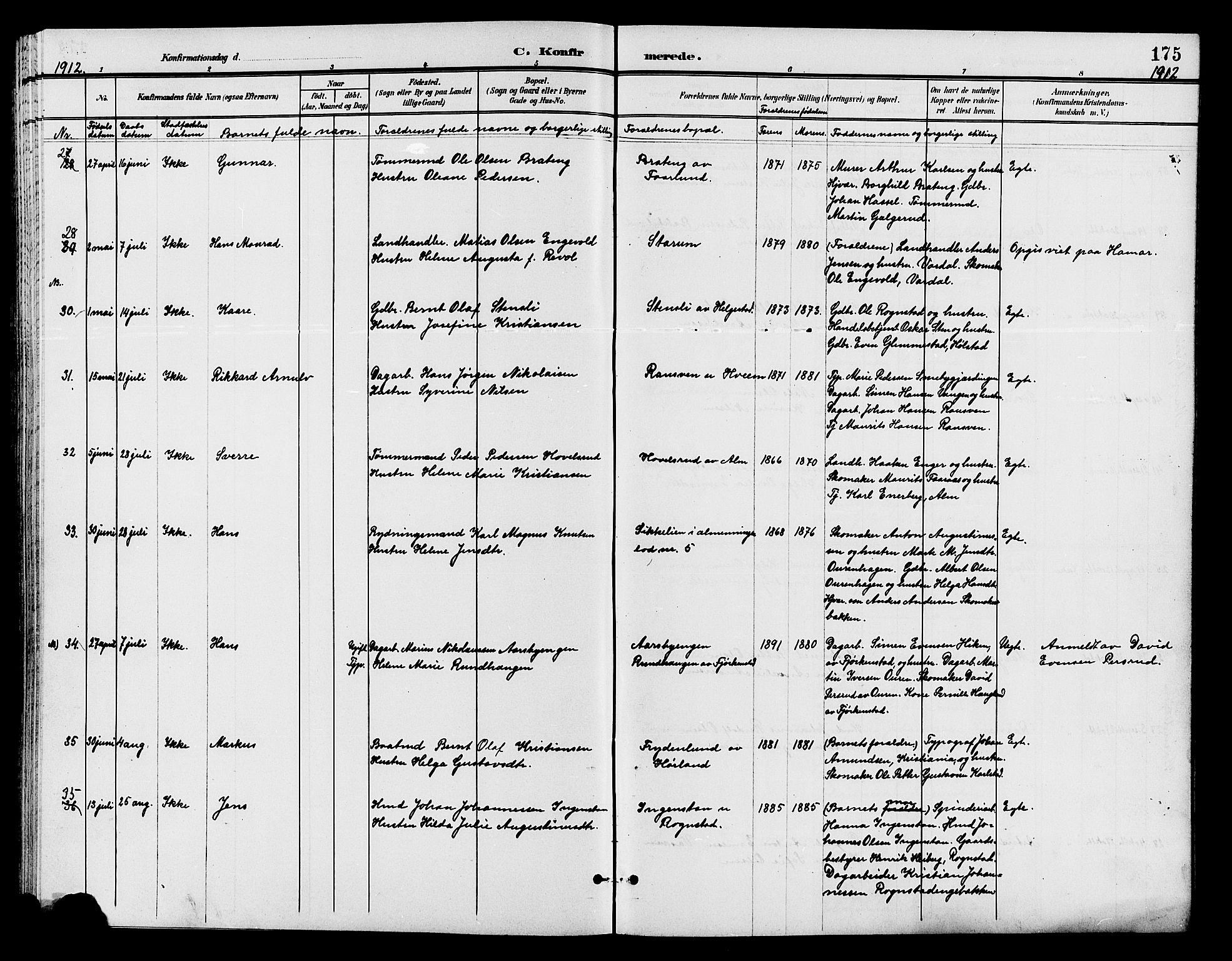 Østre Toten prestekontor, AV/SAH-PREST-104/H/Ha/Hab/L0007: Klokkerbok nr. 7, 1901-1912, s. 175