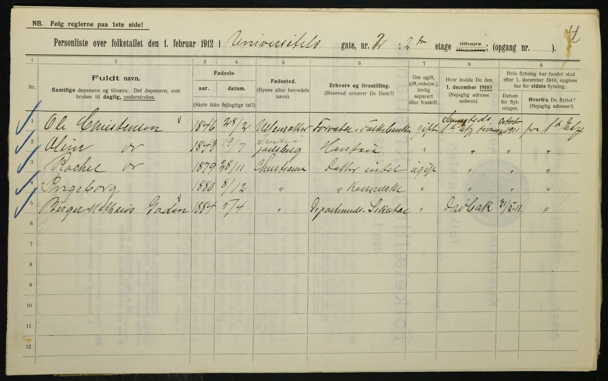 OBA, Kommunal folketelling 1.2.1912 for Kristiania, 1912, s. 119921