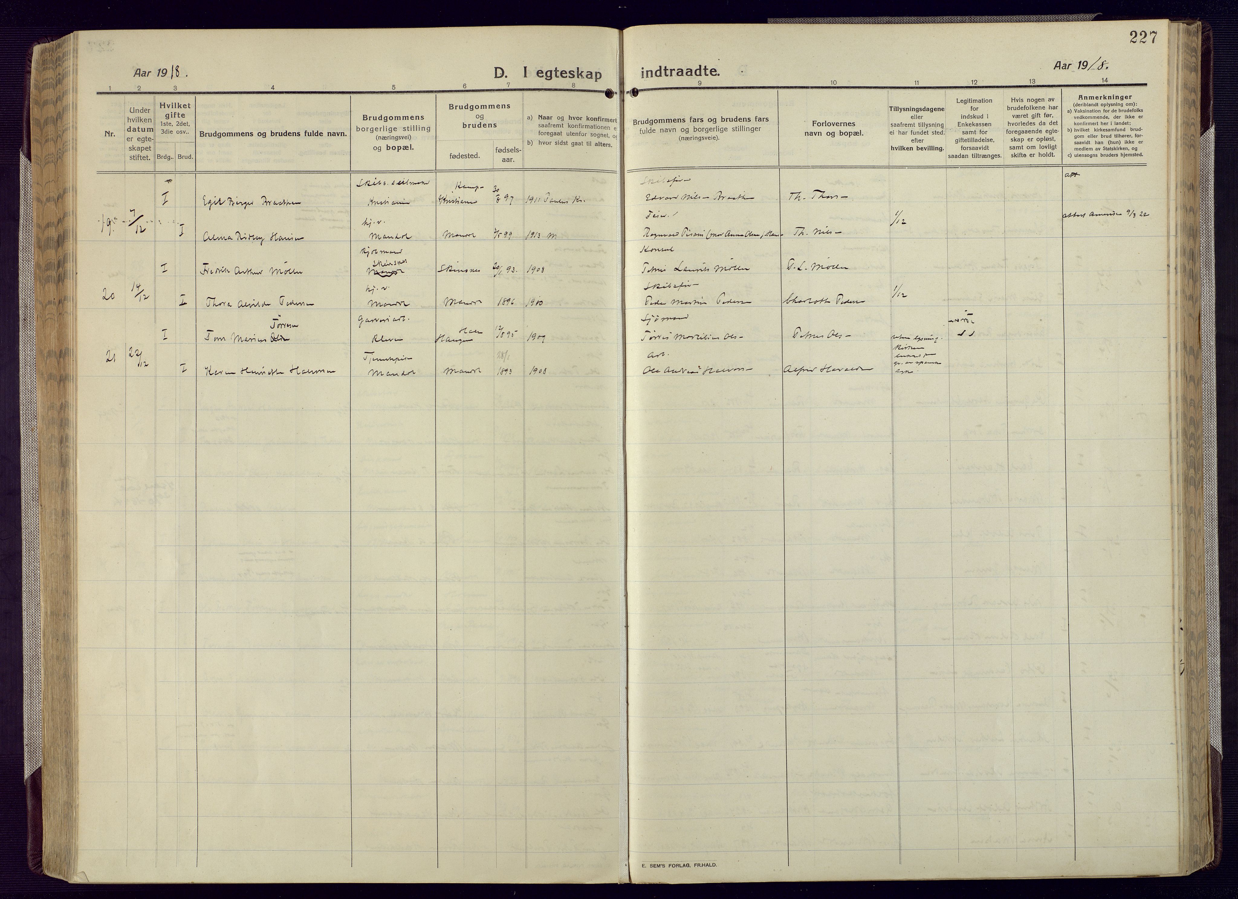 Mandal sokneprestkontor, SAK/1111-0030/F/Fa/Fac/L0001: Ministerialbok nr. A 1, 1913-1925, s. 227