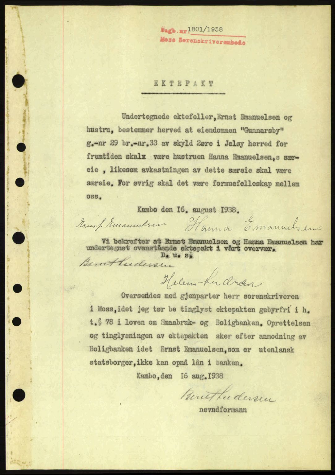 Moss sorenskriveri, SAO/A-10168: Pantebok nr. B6, 1938-1938, Dagboknr: 1801/1938