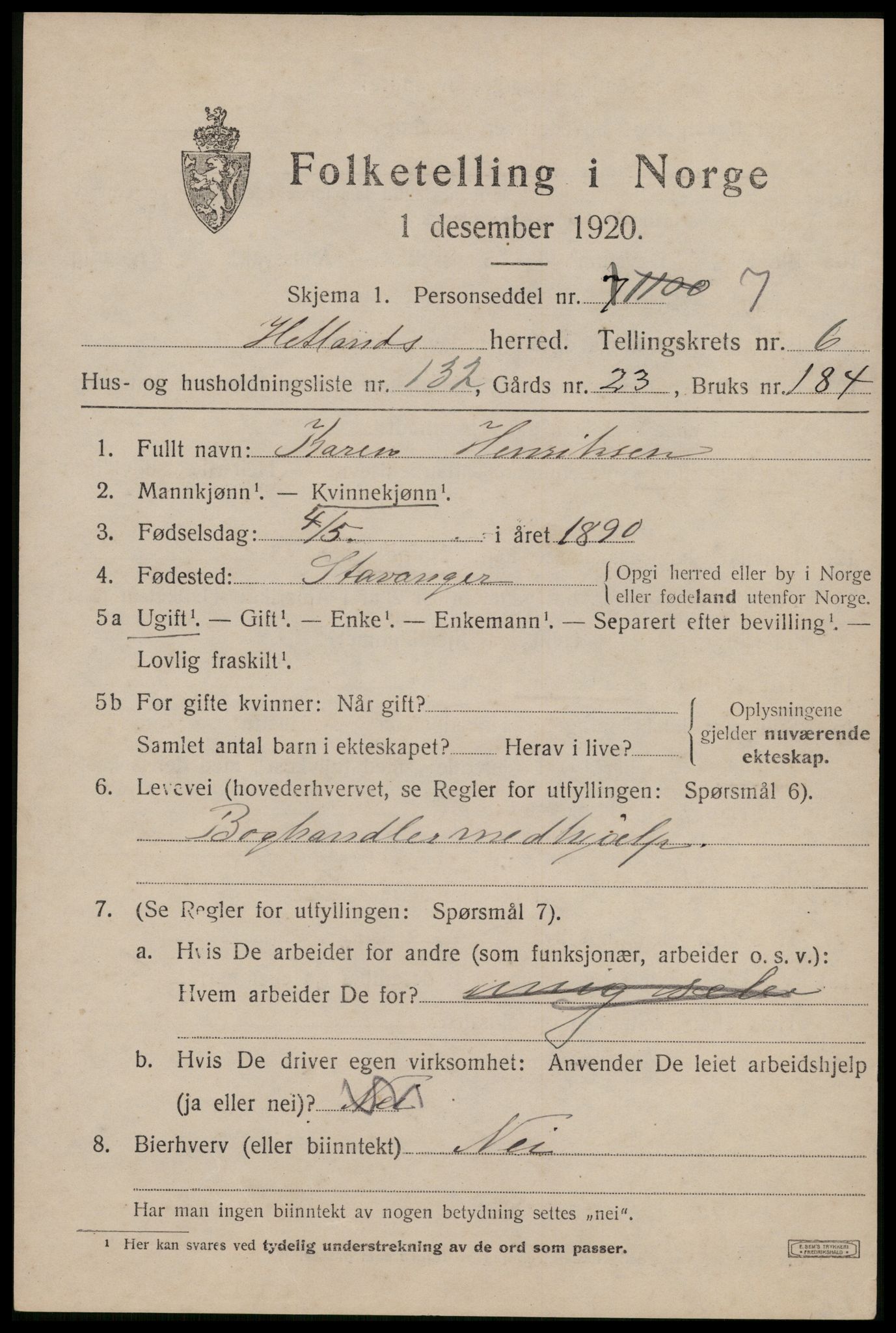 SAST, Folketelling 1920 for 1126 Hetland herred, 1920, s. 11653