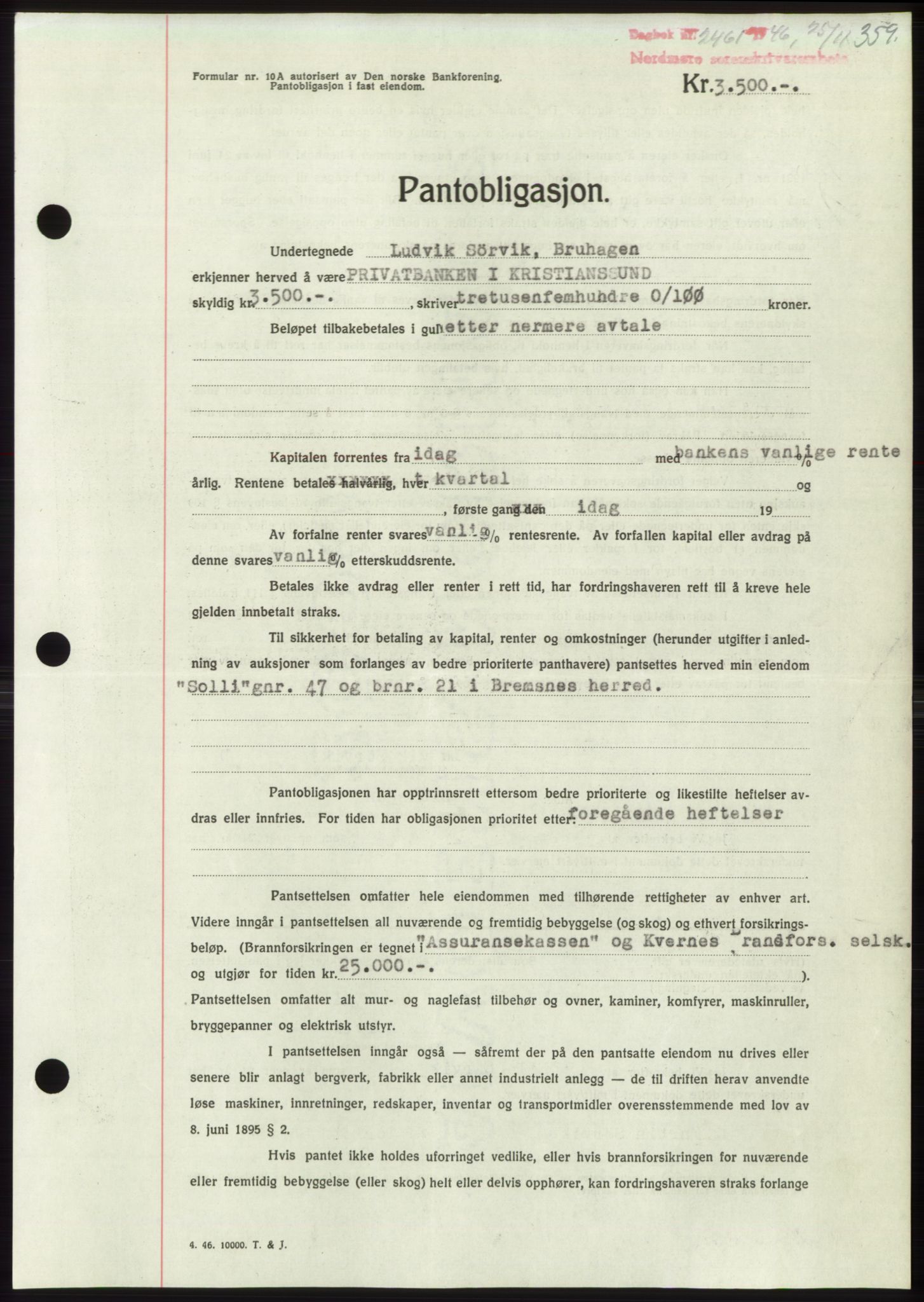 Nordmøre sorenskriveri, SAT/A-4132/1/2/2Ca: Pantebok nr. B95, 1946-1947, Dagboknr: 2461/1946