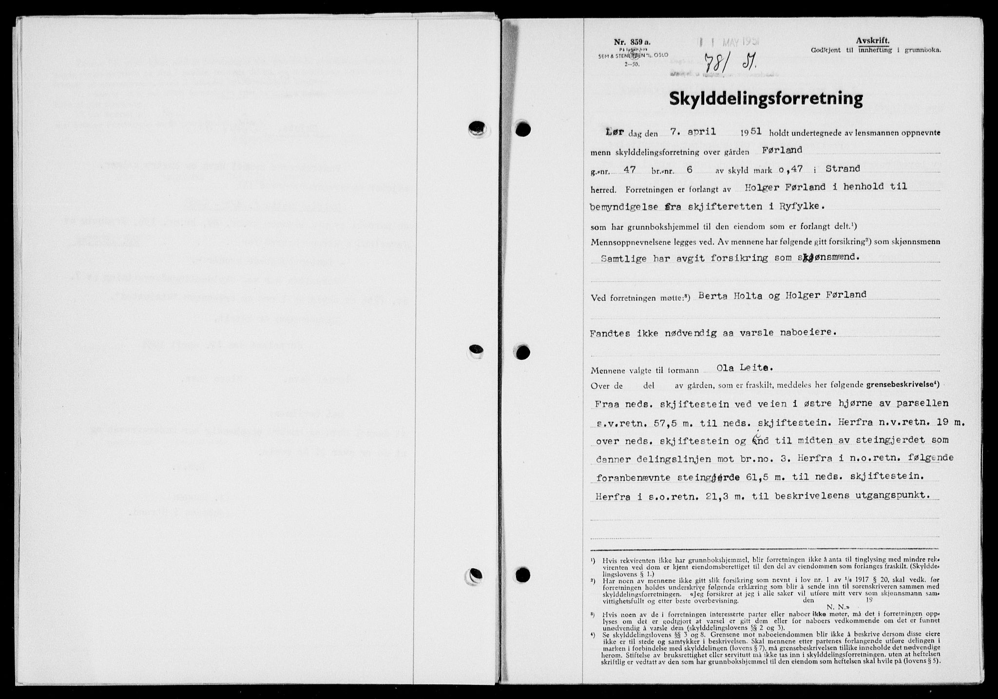 Ryfylke tingrett, SAST/A-100055/001/II/IIB/L0113: Pantebok nr. 92, 1951-1951, Dagboknr: 781/1951