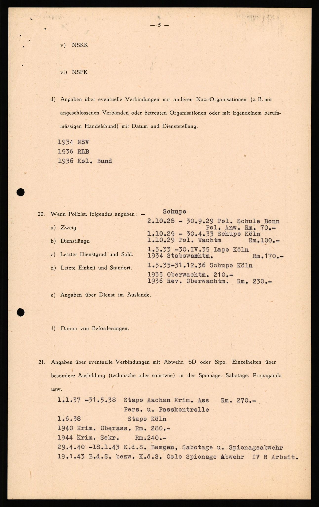 Forsvaret, Forsvarets overkommando II, RA/RAFA-3915/D/Db/L0032: CI Questionaires. Tyske okkupasjonsstyrker i Norge. Tyskere., 1945-1946, s. 39