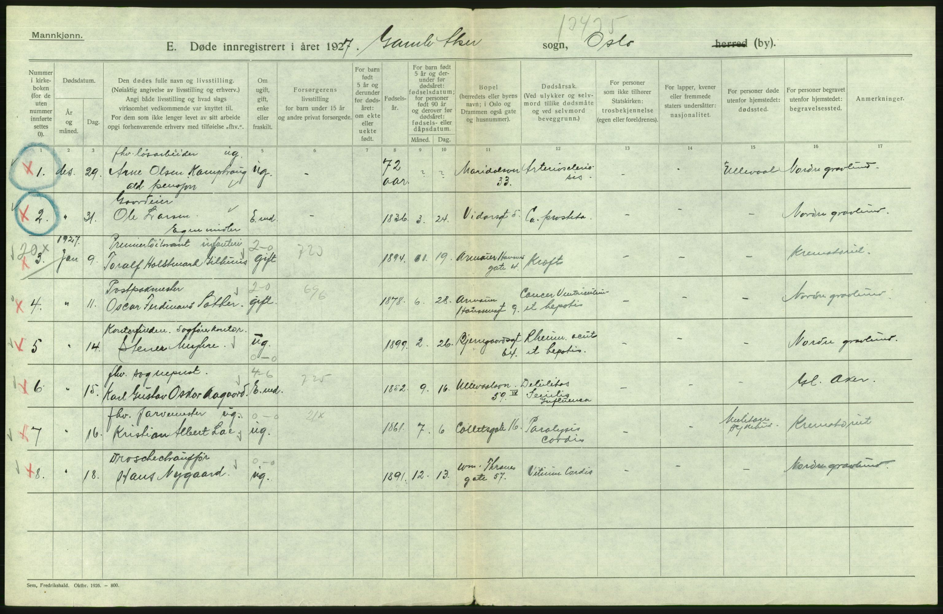 Statistisk sentralbyrå, Sosiodemografiske emner, Befolkning, AV/RA-S-2228/D/Df/Dfc/Dfcg/L0009: Oslo: Døde menn, 1927, s. 190