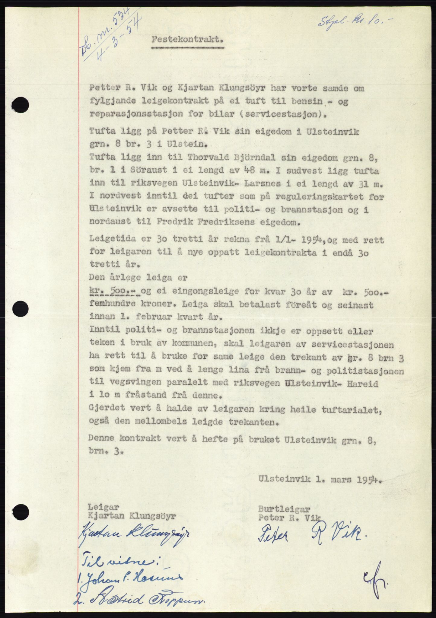 Søre Sunnmøre sorenskriveri, SAT/A-4122/1/2/2C/L0097: Pantebok nr. 23A, 1954-1954, Dagboknr: 534/1954