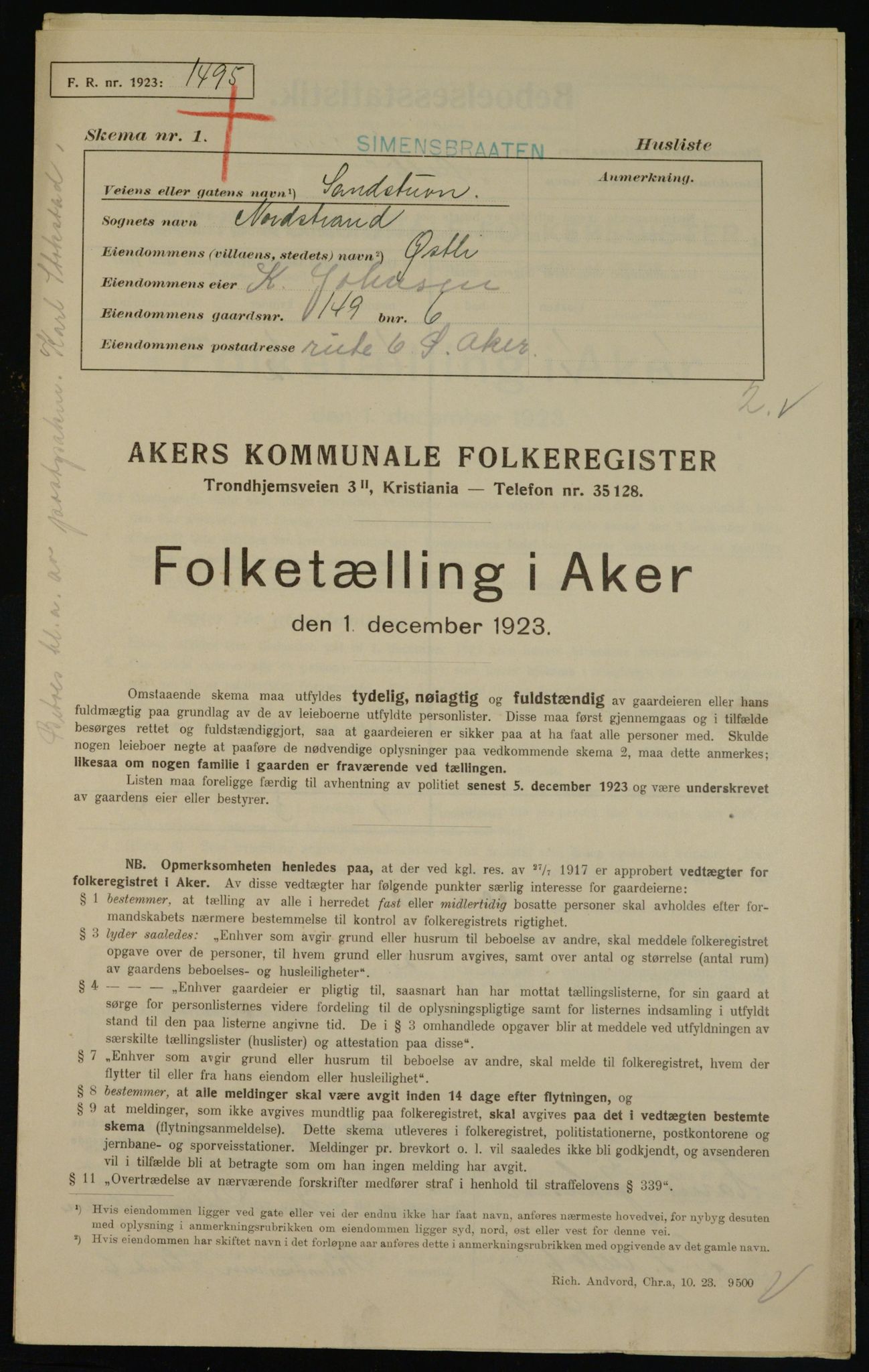 , Kommunal folketelling 1.12.1923 for Aker, 1923, s. 45184