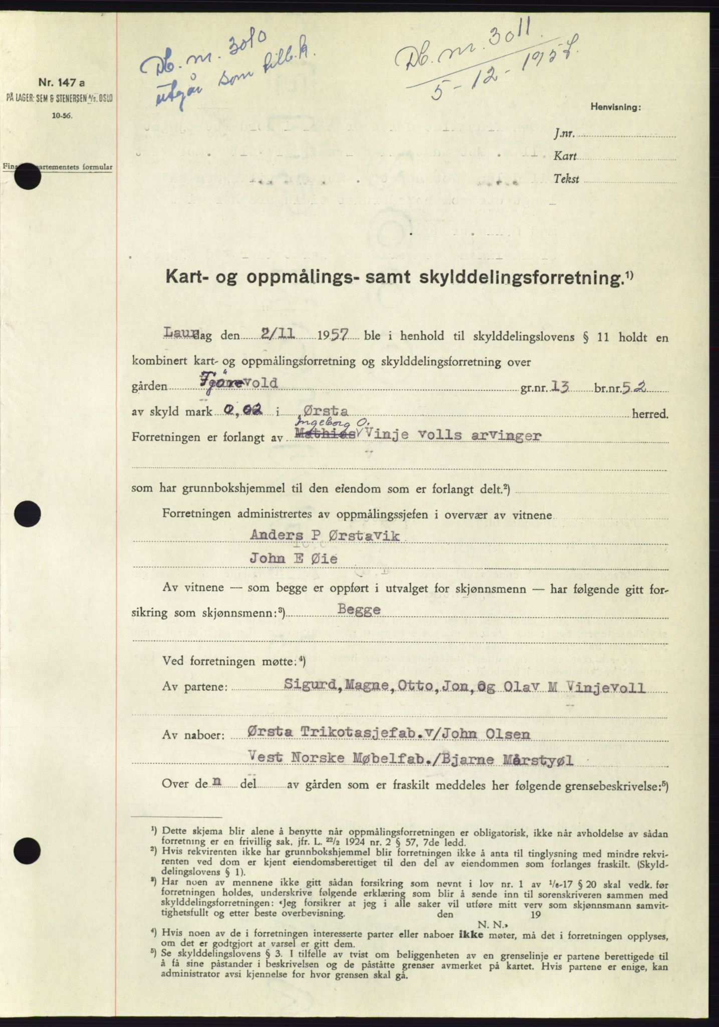 Søre Sunnmøre sorenskriveri, SAT/A-4122/1/2/2C/L0108: Pantebok nr. 34A, 1957-1958, Dagboknr: 3011/1957