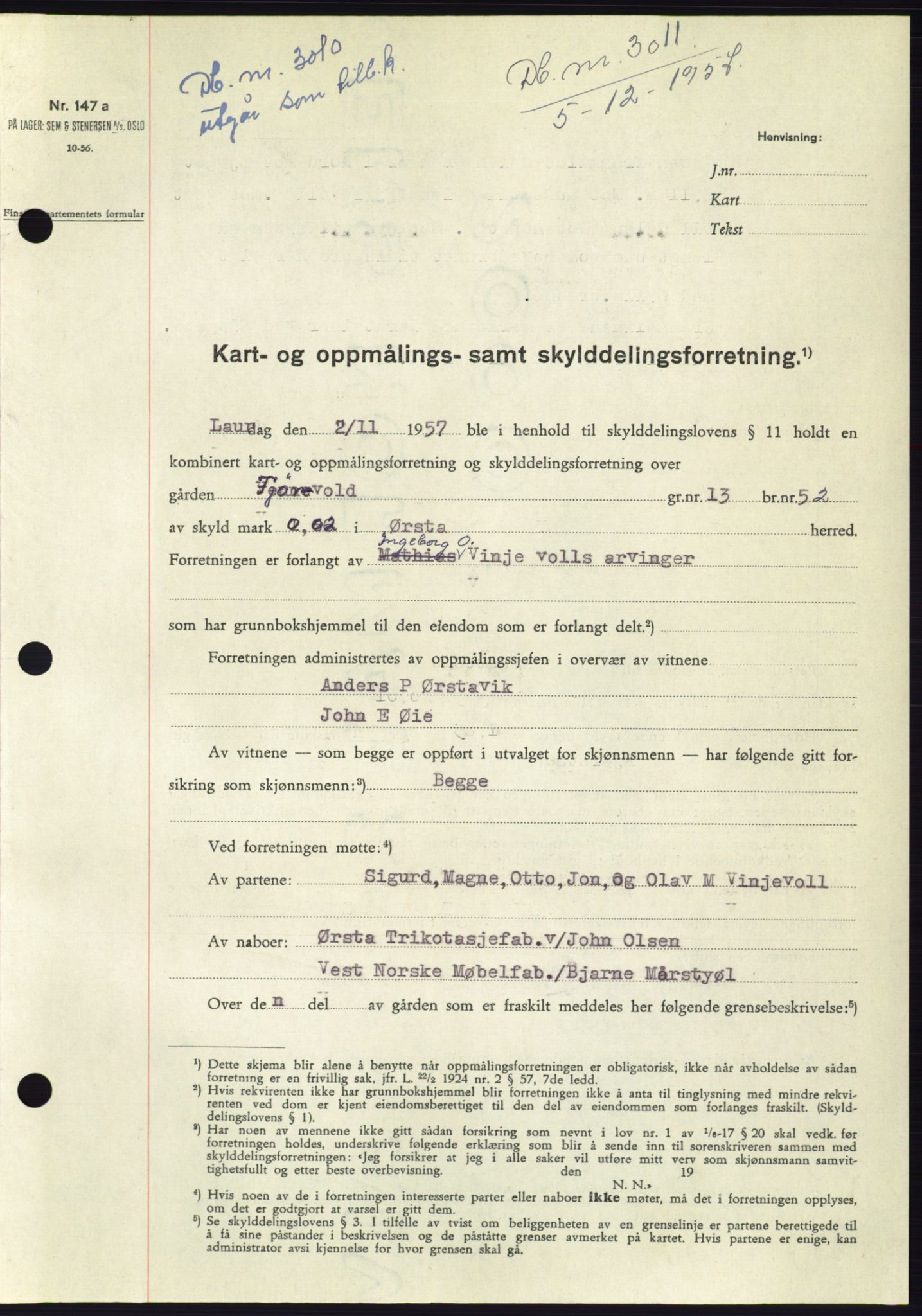 Søre Sunnmøre sorenskriveri, AV/SAT-A-4122/1/2/2C/L0108: Pantebok nr. 34A, 1957-1958, Dagboknr: 3011/1957