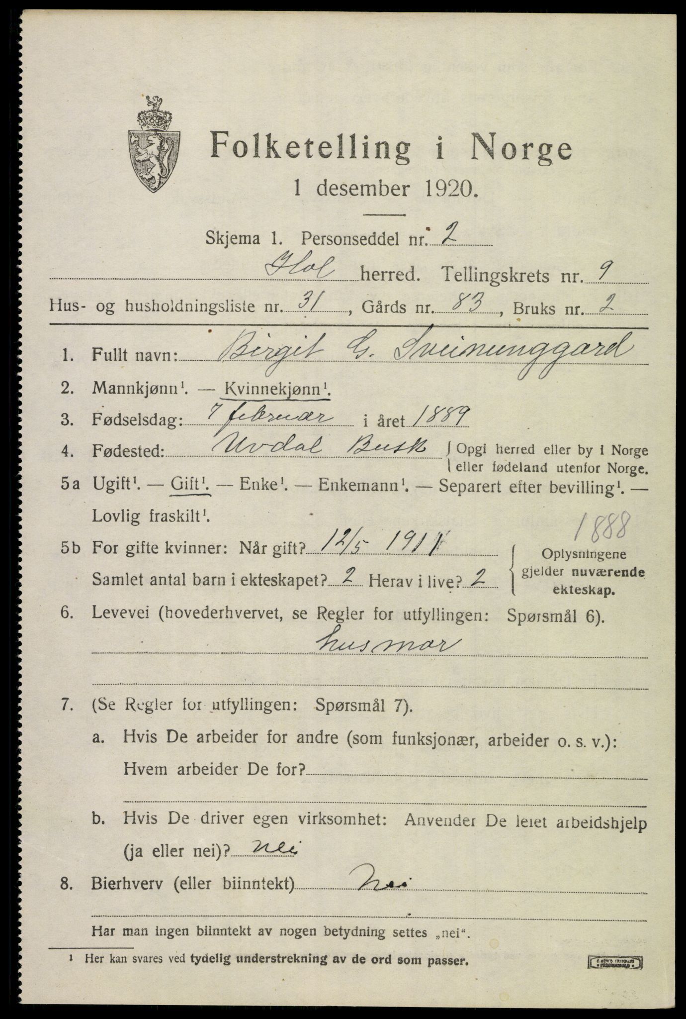 SAKO, Folketelling 1920 for 0620 Hol herred, 1920, s. 5297