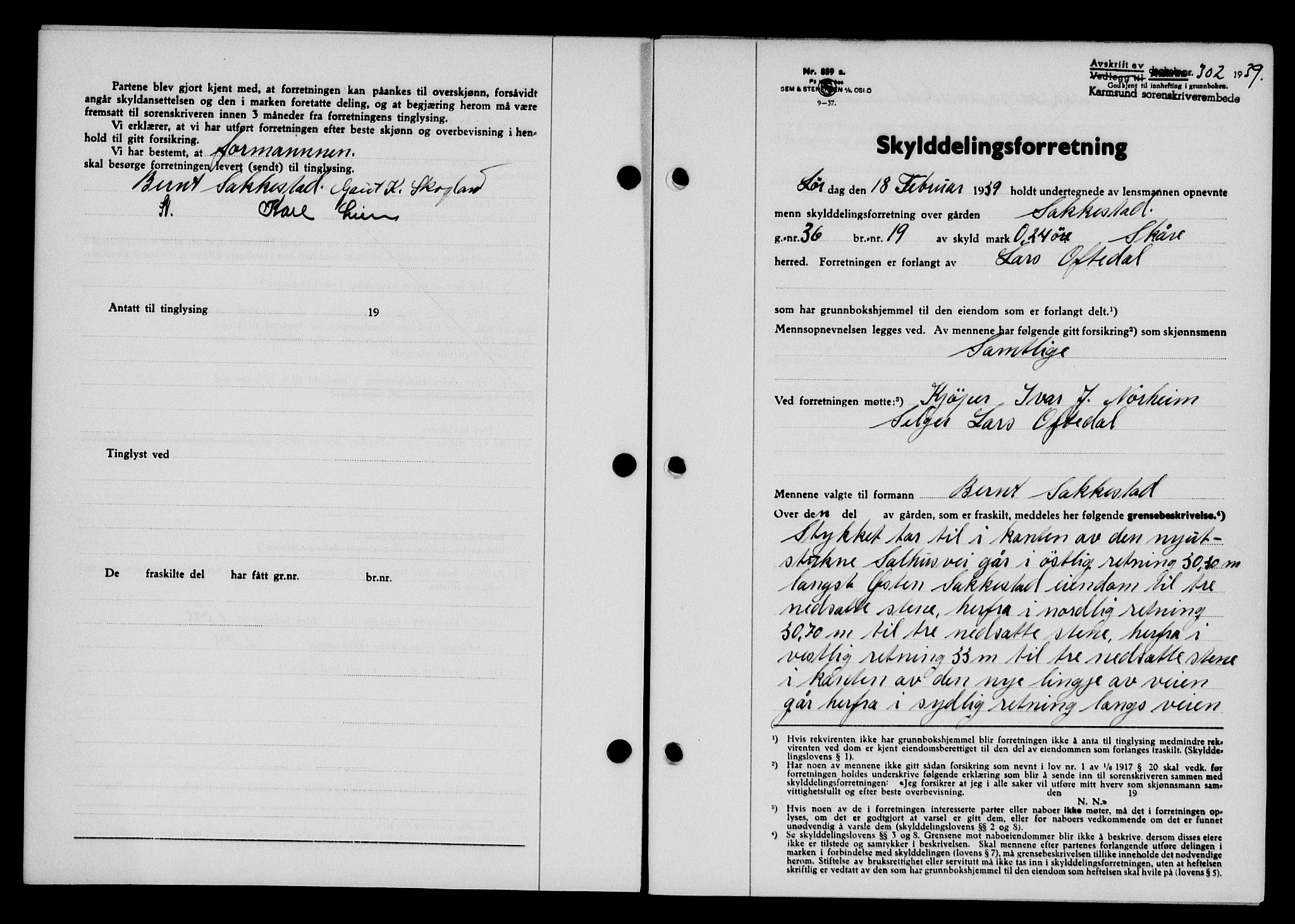 Karmsund sorenskriveri, SAST/A-100311/01/II/IIB/L0070: Pantebok nr. 51A, 1938-1939, Dagboknr: 302/1939