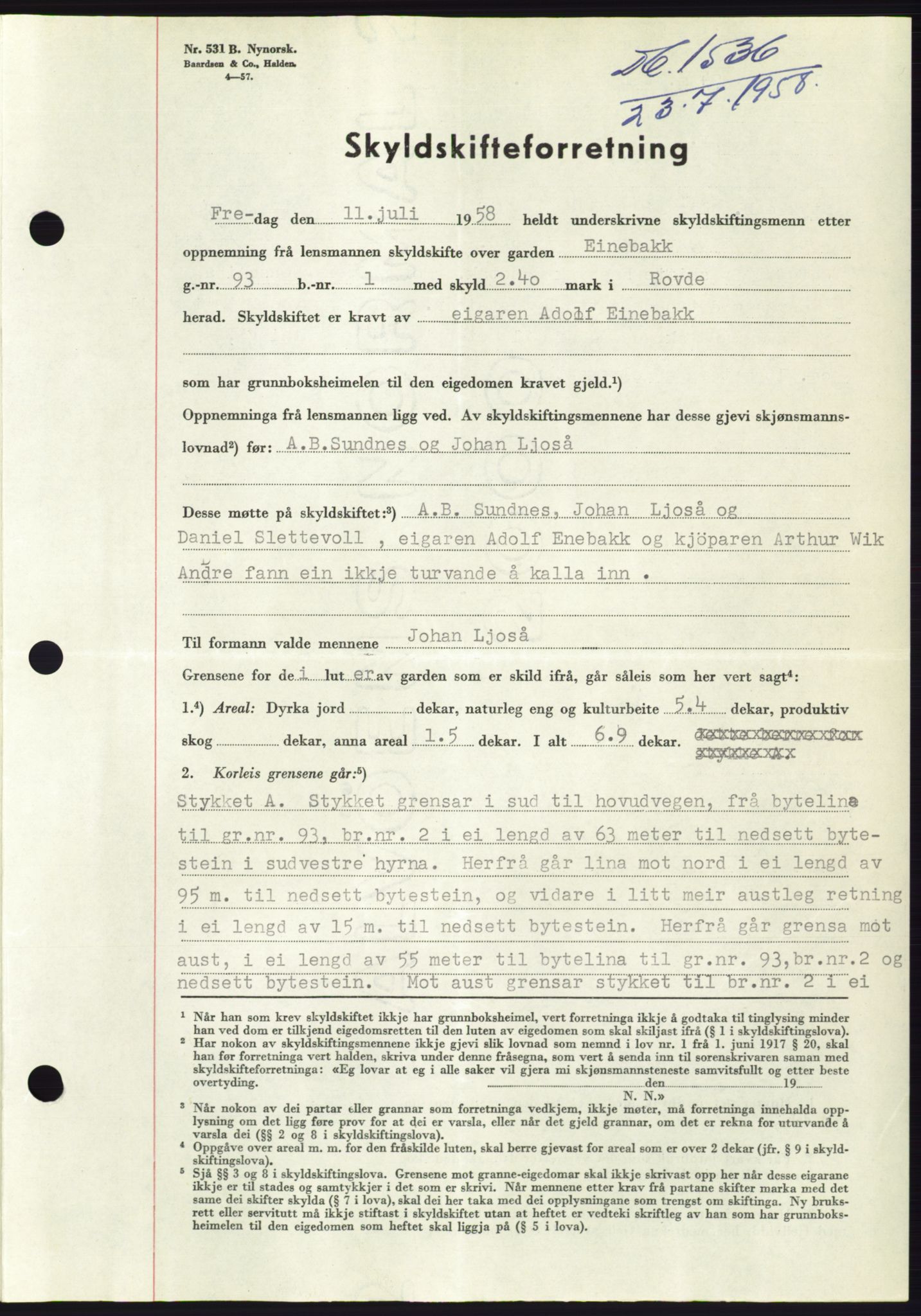 Søre Sunnmøre sorenskriveri, AV/SAT-A-4122/1/2/2C/L0110: Pantebok nr. 36A, 1958-1958, Dagboknr: 1536/1958