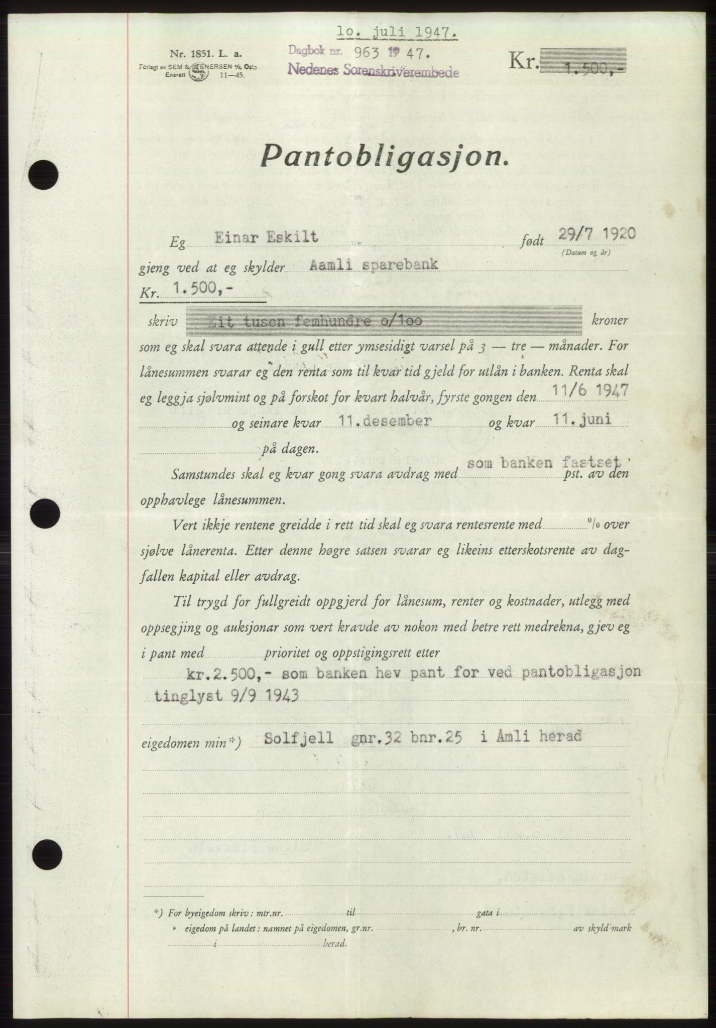 Nedenes sorenskriveri, AV/SAK-1221-0006/G/Gb/Gbb/L0004: Pantebok nr. B4, 1947-1947, Dagboknr: 963/1947