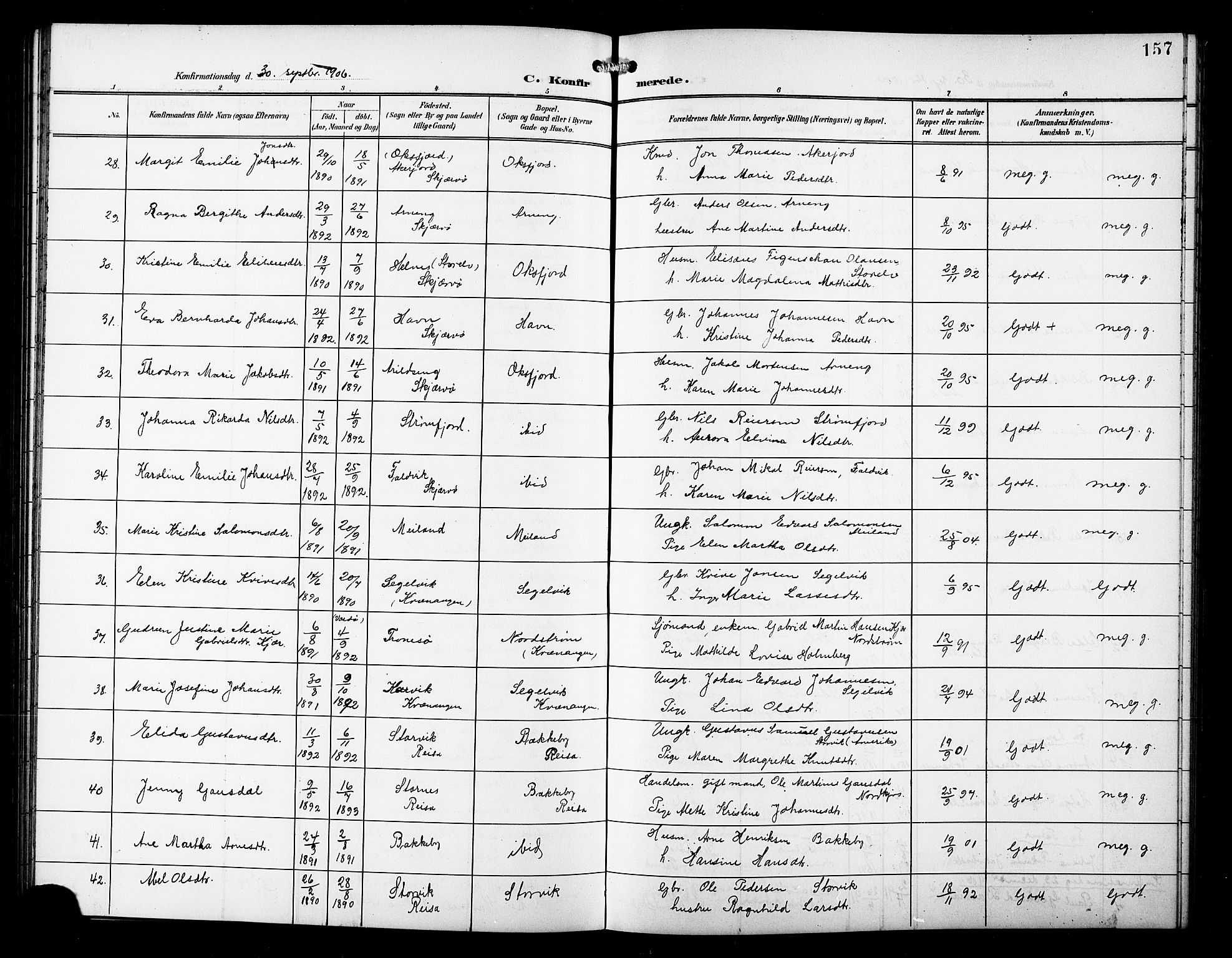 Skjervøy sokneprestkontor, AV/SATØ-S-1300/H/Ha/Hab/L0008klokker: Klokkerbok nr. 8, 1900-1910, s. 157