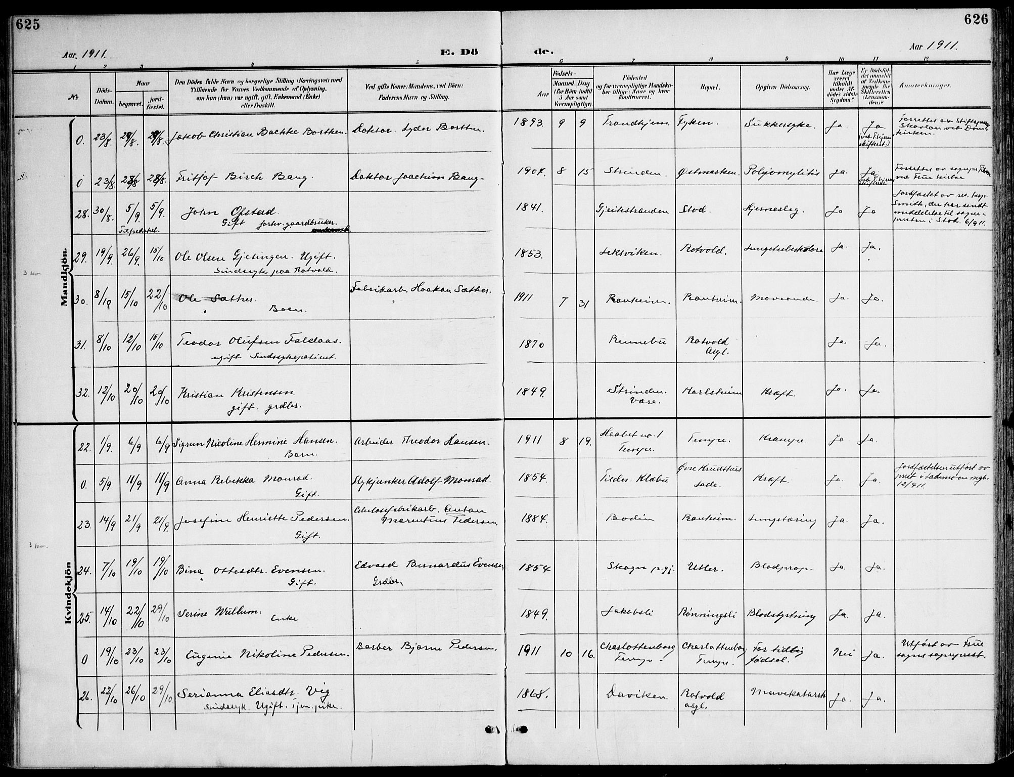 Ministerialprotokoller, klokkerbøker og fødselsregistre - Sør-Trøndelag, SAT/A-1456/607/L0320: Ministerialbok nr. 607A04, 1907-1915, s. 625-626