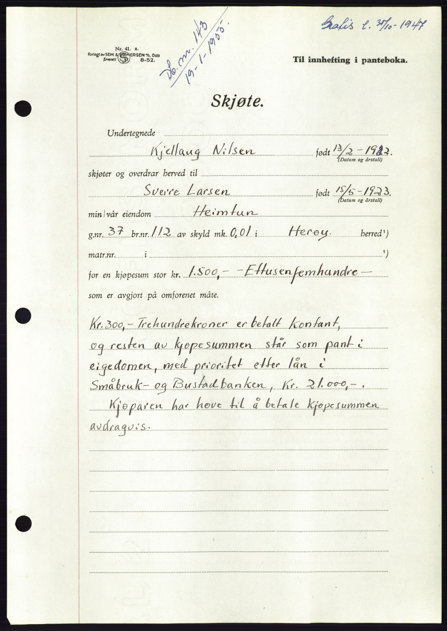 Søre Sunnmøre sorenskriveri, AV/SAT-A-4122/1/2/2C/L0100: Pantebok nr. 26A, 1954-1955, Dagboknr: 143/1955