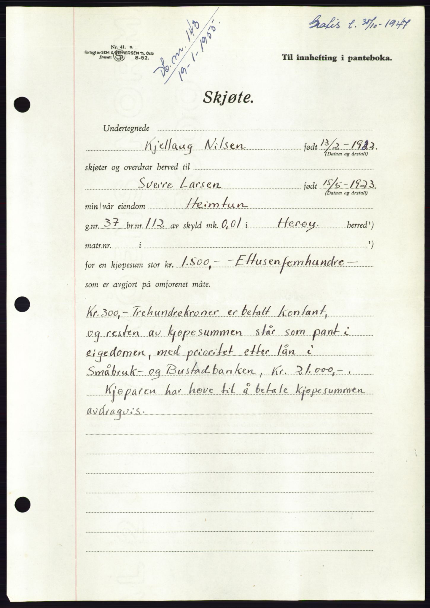 Søre Sunnmøre sorenskriveri, SAT/A-4122/1/2/2C/L0100: Pantebok nr. 26A, 1954-1955, Dagboknr: 143/1955