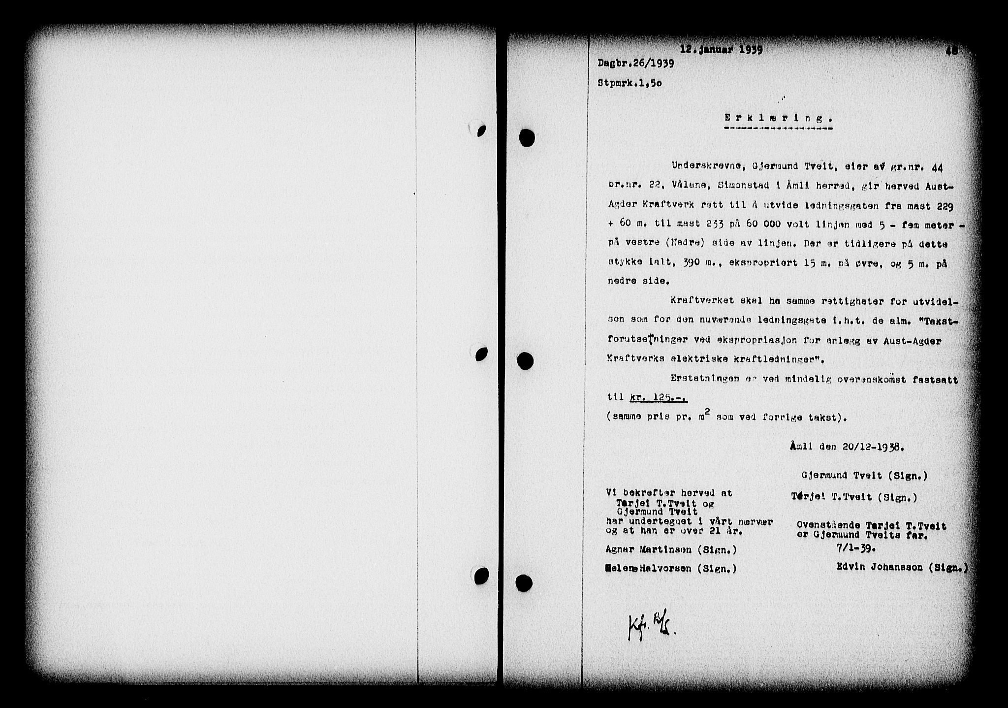 Nedenes sorenskriveri, SAK/1221-0006/G/Gb/Gba/L0046: Pantebok nr. 42, 1938-1939, Dagboknr: 26/1939