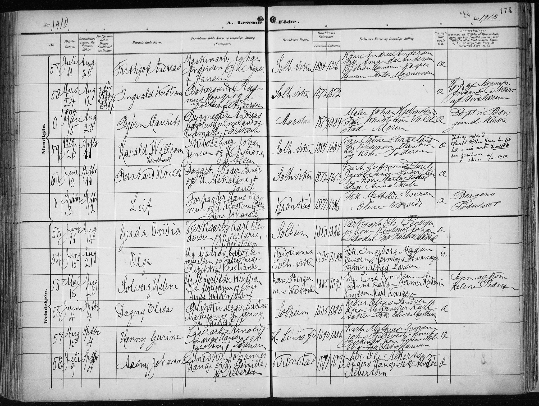 Årstad Sokneprestembete, AV/SAB-A-79301/H/Haa/L0002: Ministerialbok nr. A 2, 1899-1914, s. 174