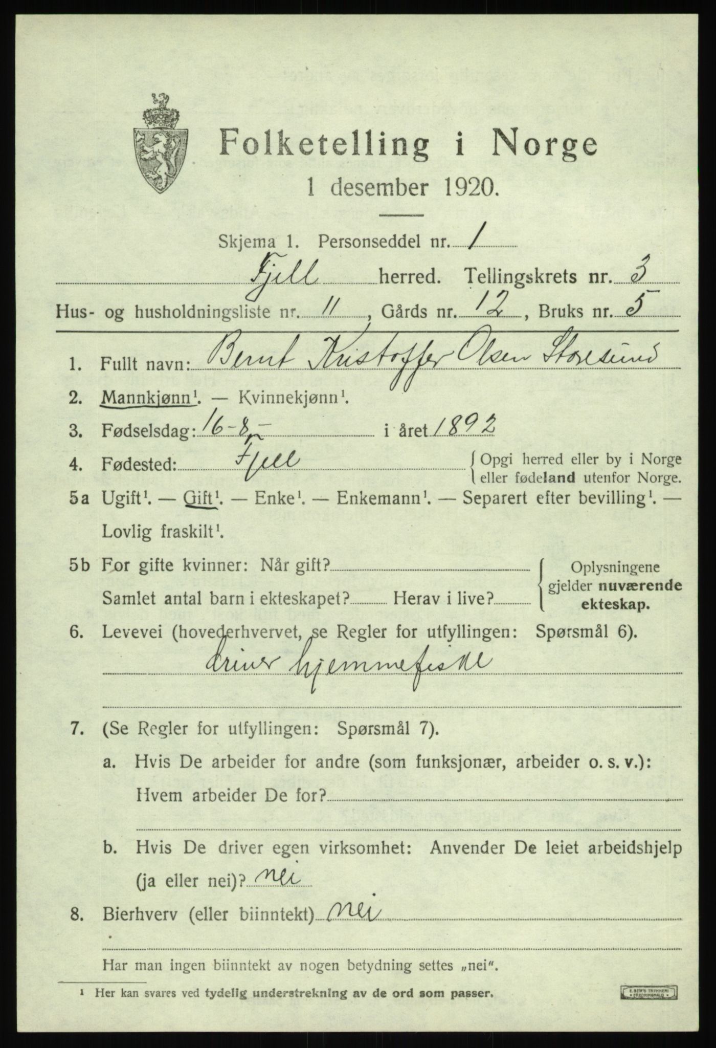 SAB, Folketelling 1920 for 1246 Fjell herred, 1920, s. 3116