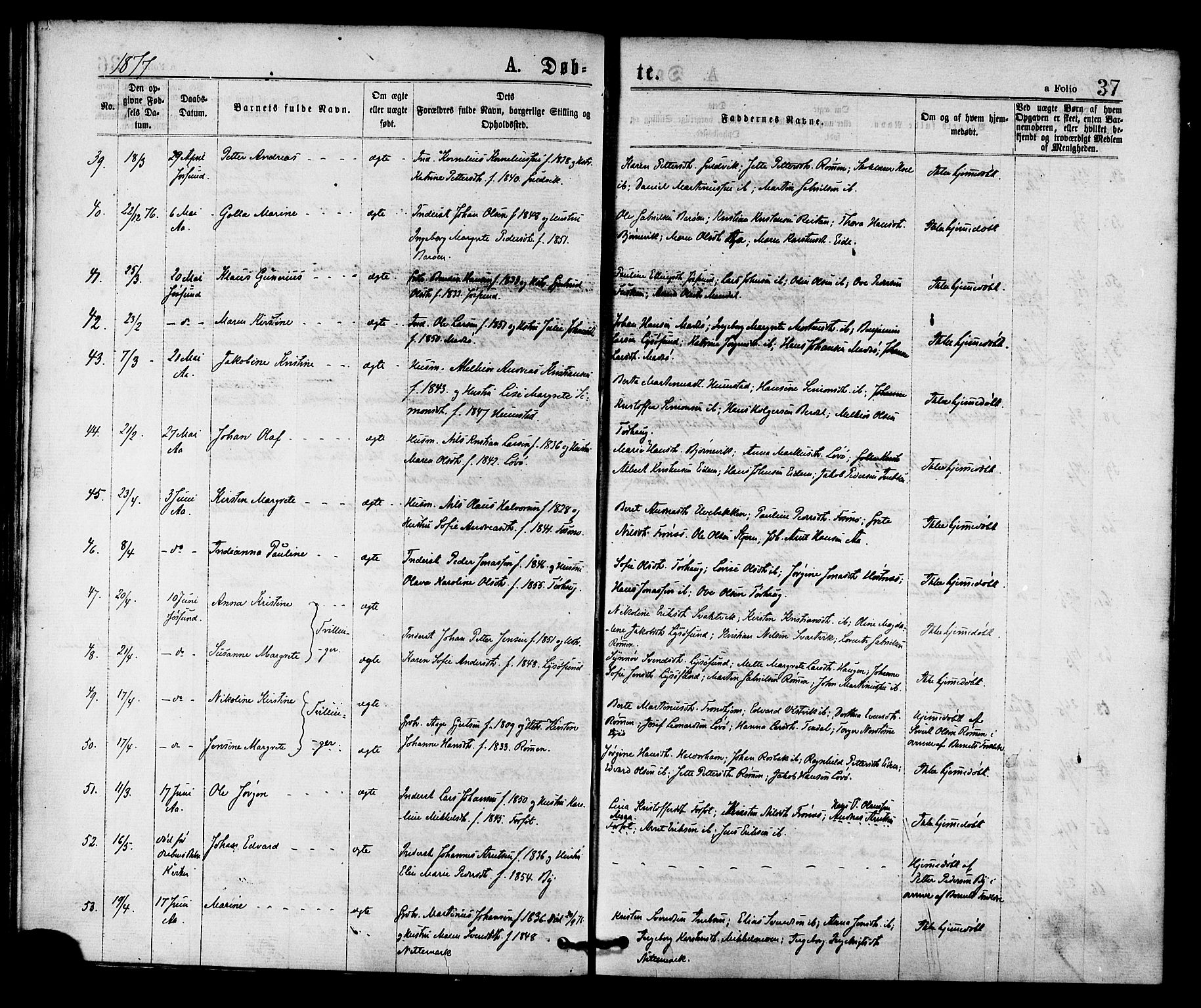Ministerialprotokoller, klokkerbøker og fødselsregistre - Sør-Trøndelag, AV/SAT-A-1456/655/L0679: Ministerialbok nr. 655A08, 1873-1879, s. 37