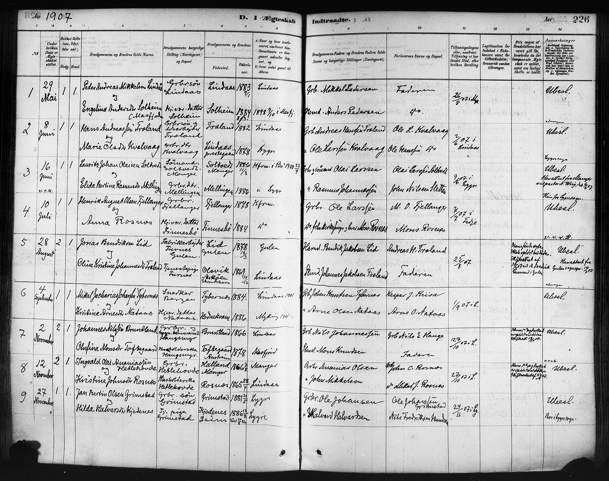 Lindås Sokneprestembete, AV/SAB-A-76701/H/Haa/Haaa/L0019: Ministerialbok nr. A 19, 1878-1912, s. 226