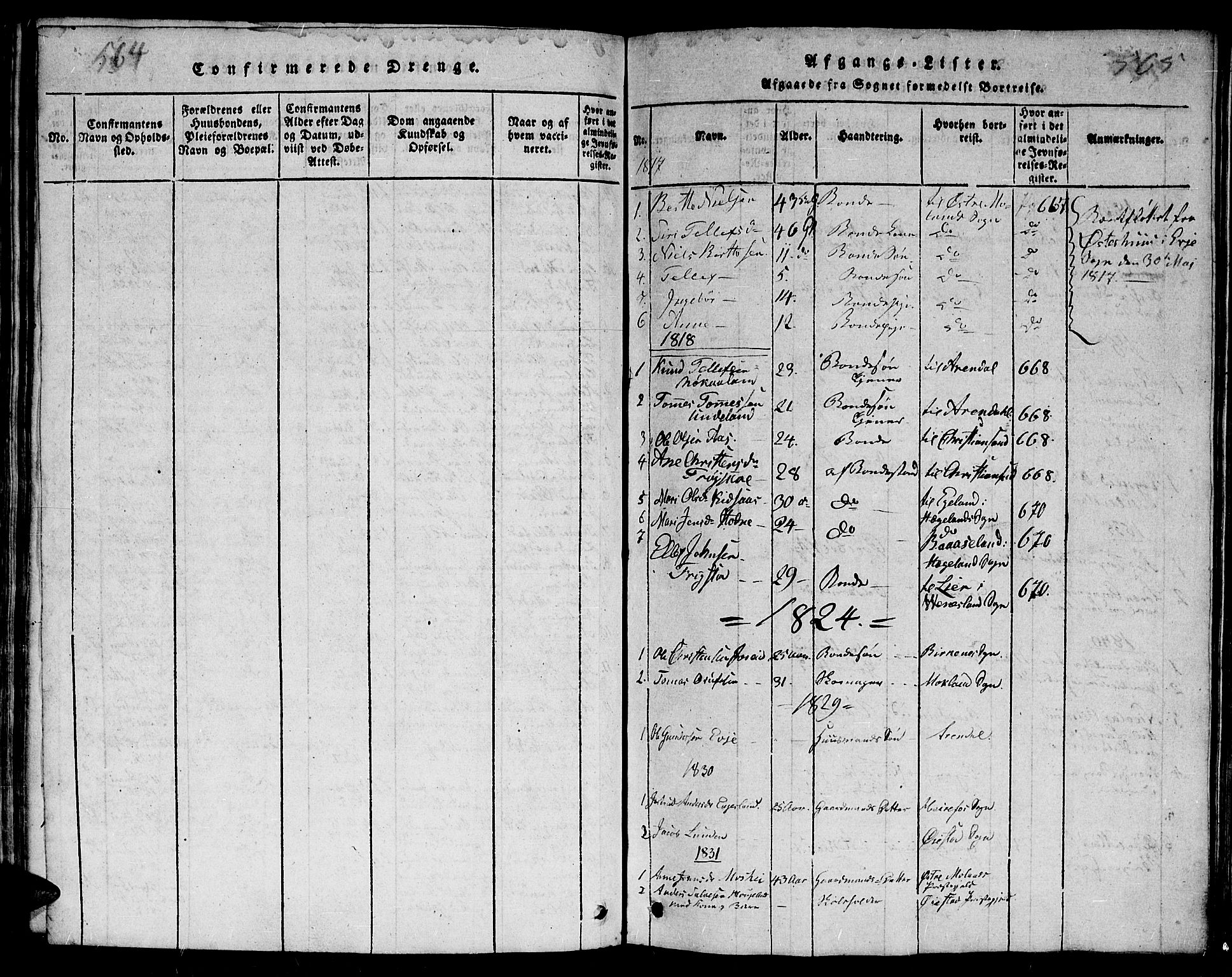 Evje sokneprestkontor, AV/SAK-1111-0008/F/Fb/Fba/L0001: Klokkerbok nr. B 1, 1816-1842, s. 564-565