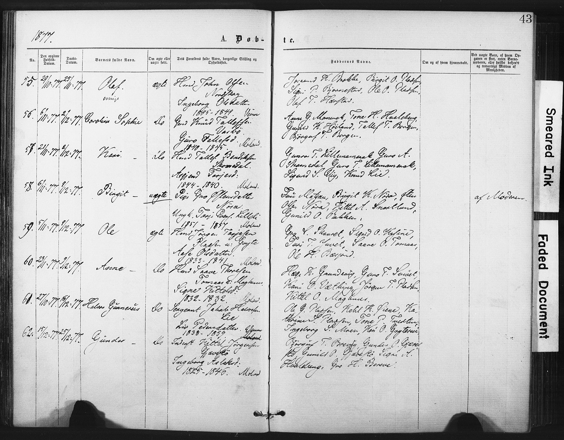 Fyresdal kirkebøker, AV/SAKO-A-263/F/Fa/L0006: Ministerialbok nr. I 6, 1872-1886, s. 43