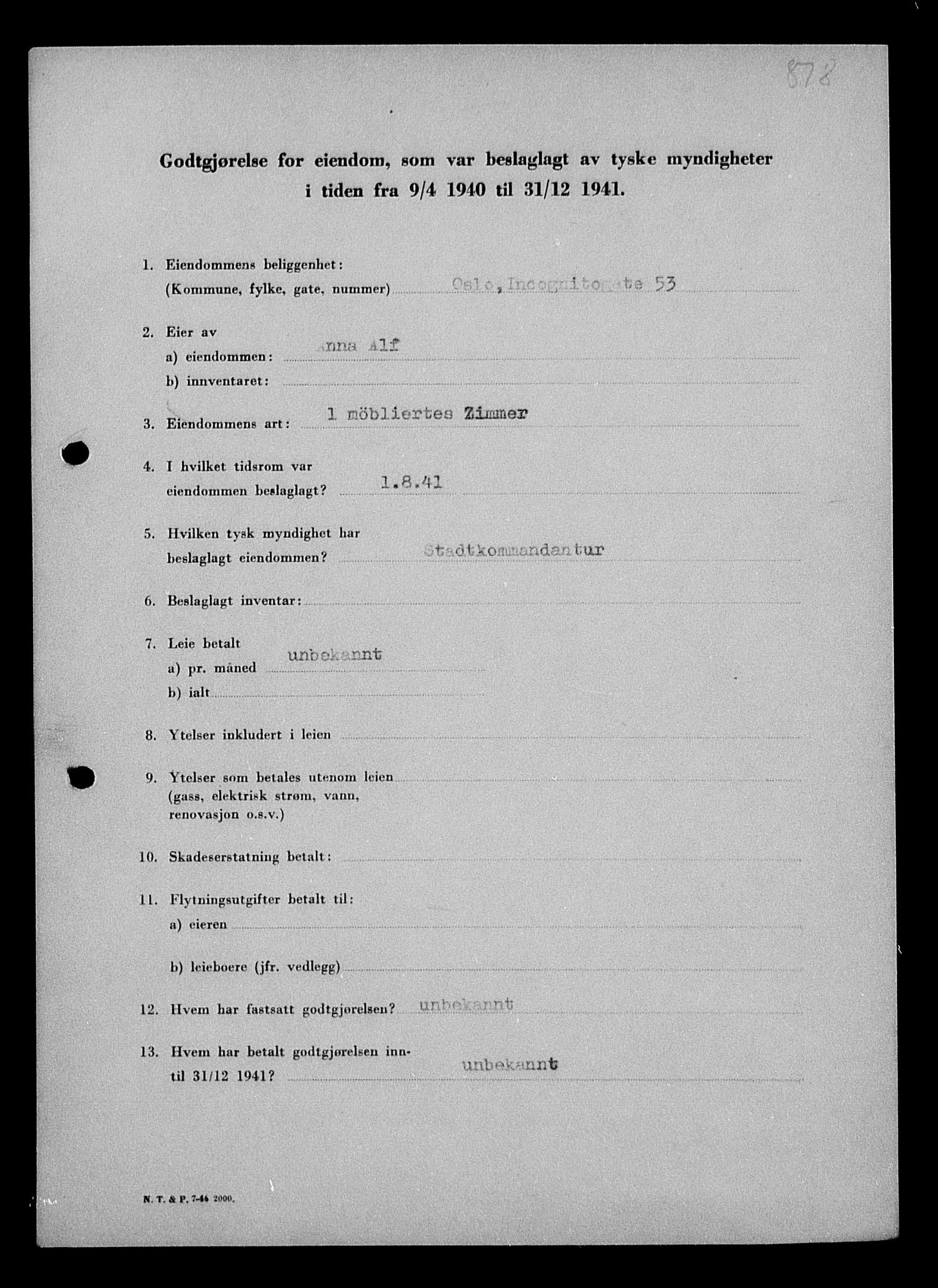 Justisdepartementet, Tilbakeføringskontoret for inndratte formuer, AV/RA-S-1564/I/L1010: Godtgjørelse for beslaglagt eiendom, 1940-1941, s. 312