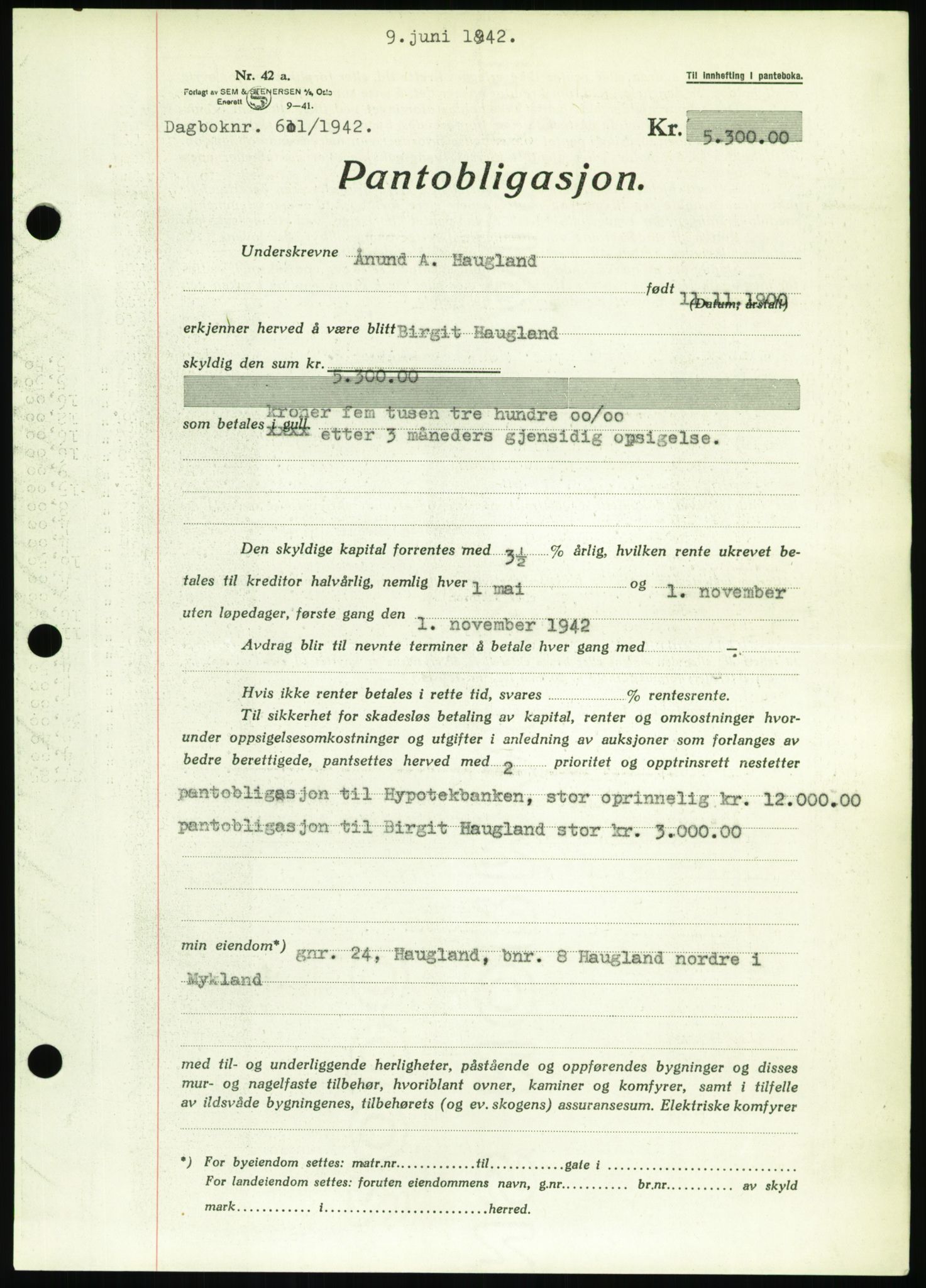 Nedenes sorenskriveri, SAK/1221-0006/G/Gb/Gbb/L0002: Pantebok nr. II, 1942-1945, Dagboknr: 611/1942