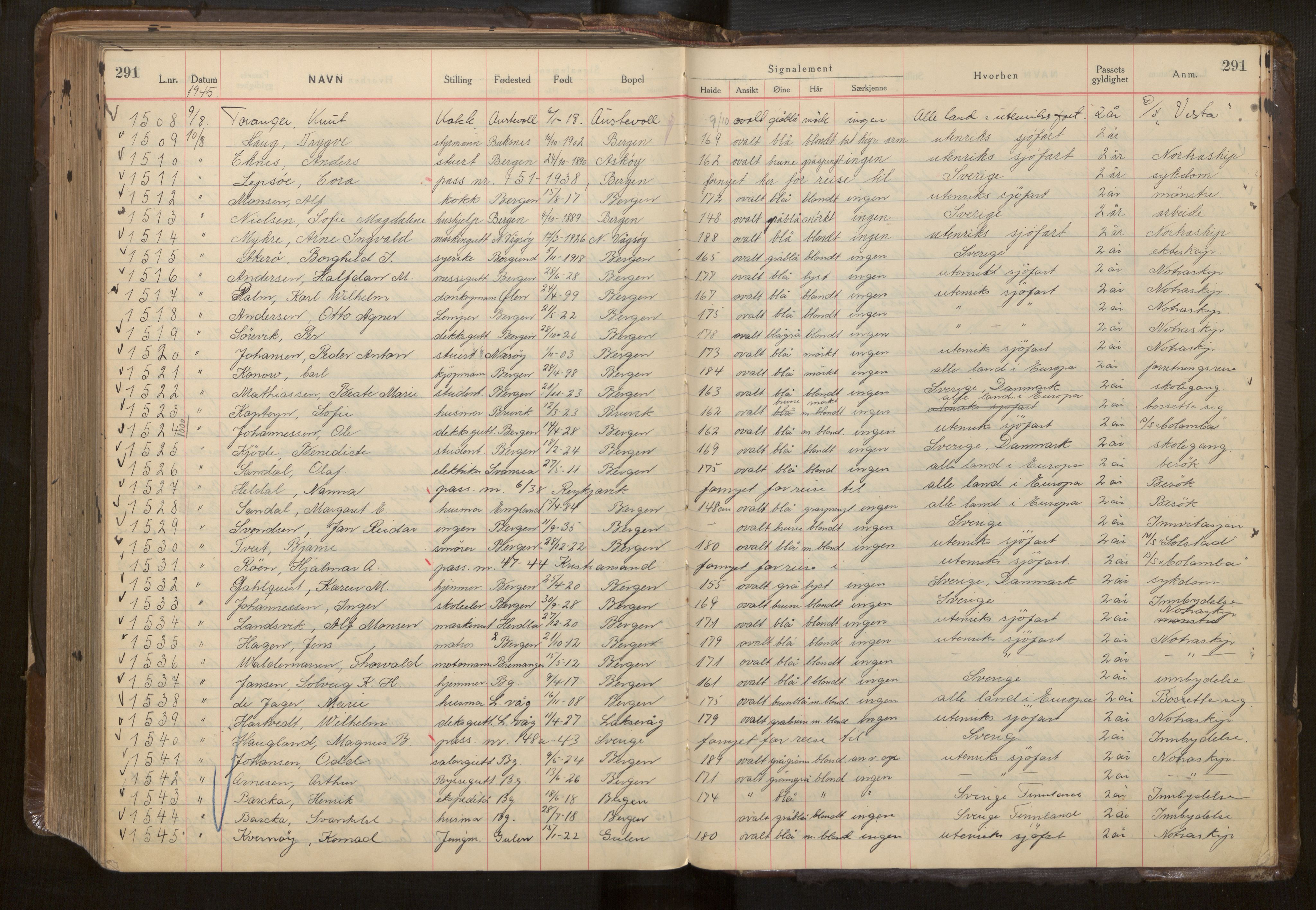 Bergen politikammer / politidistrikt, AV/SAB-A-60401/L/La/Lab/L0015: Passprotokoll, 1939-1946