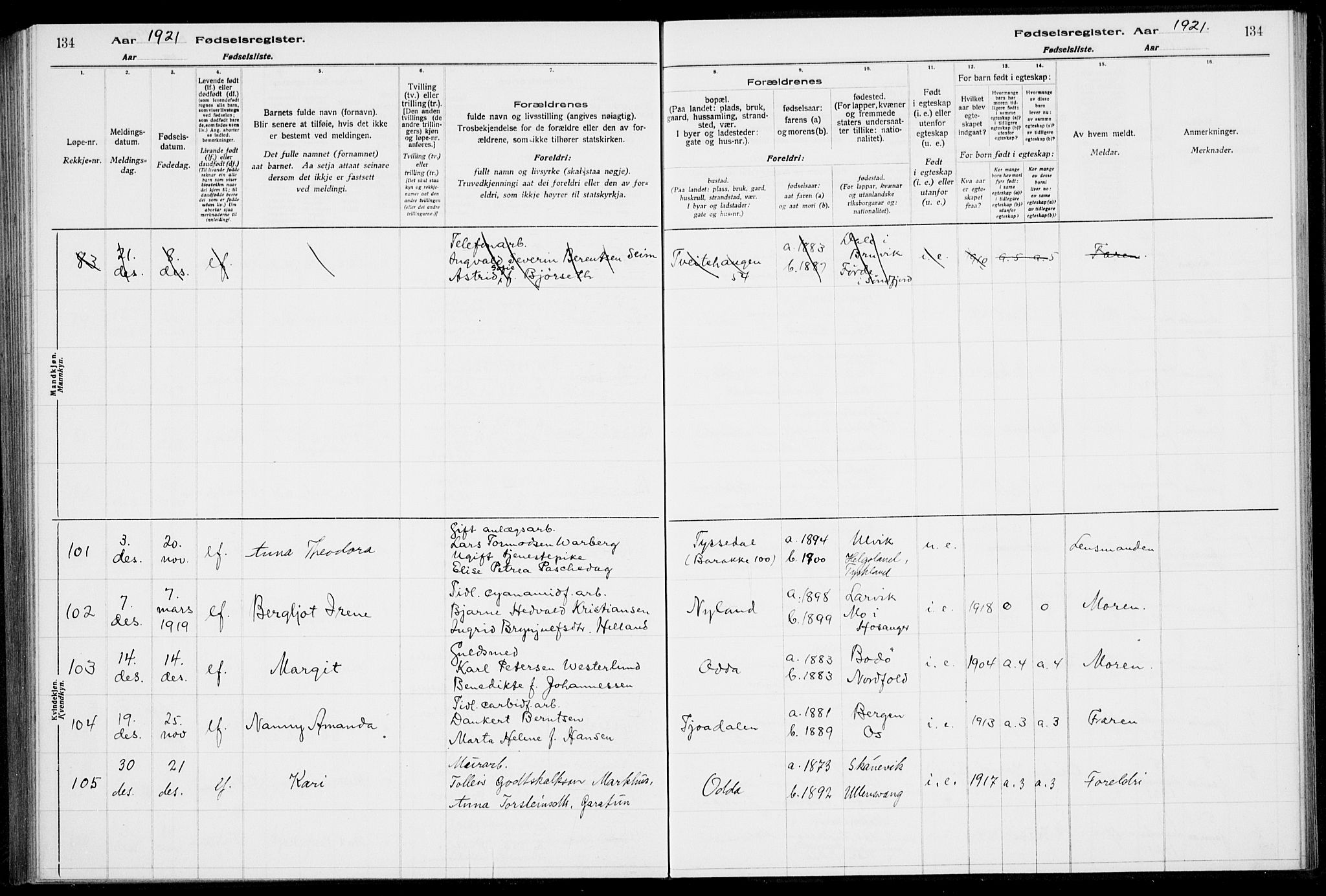 Odda Sokneprestembete, SAB/A-77201/I/Id/L00A1: Fødselsregister nr. A 1, 1916-1925, s. 134