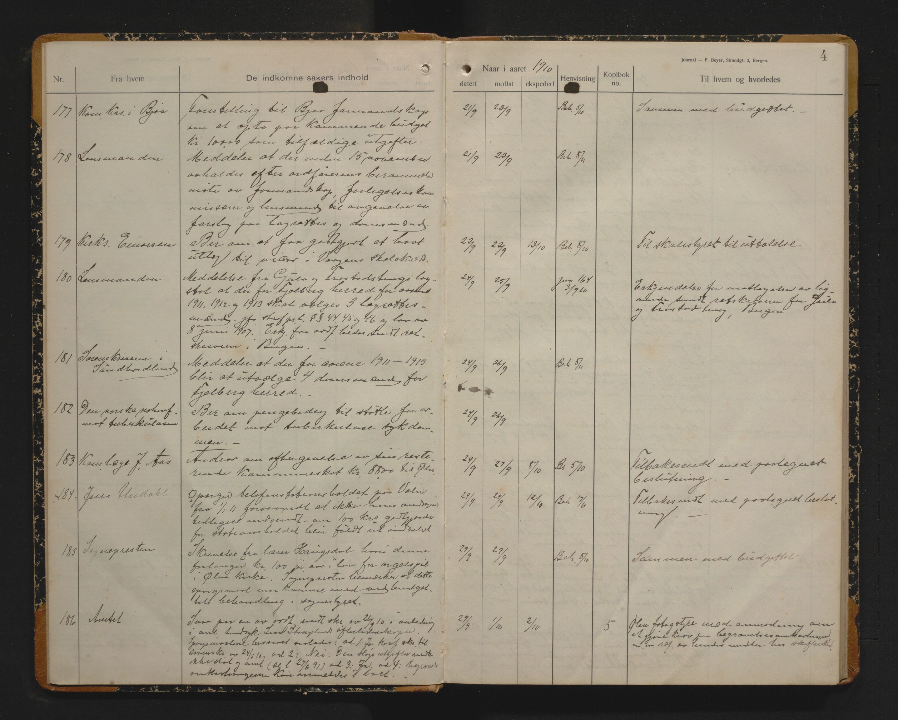 Fjelberg kommune. Formannskapet, IKAH/1213-021/C/Ca/L0004: Postjournal for Fjelberg formannskap, 1910-1914