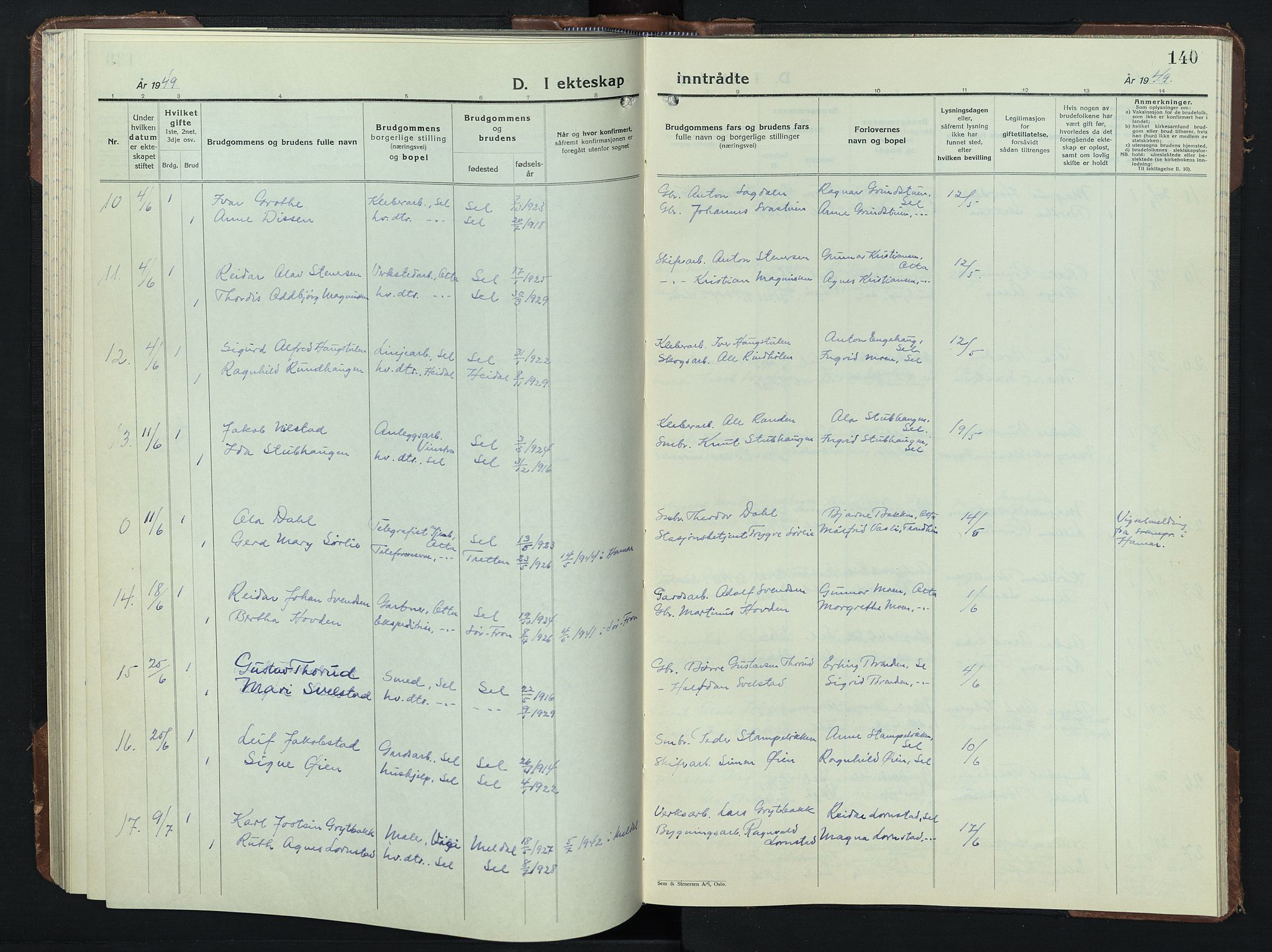 Sel prestekontor, SAH/PREST-074/H/Ha/Hab/L0003: Klokkerbok nr. 3, 1940-1951, s. 140