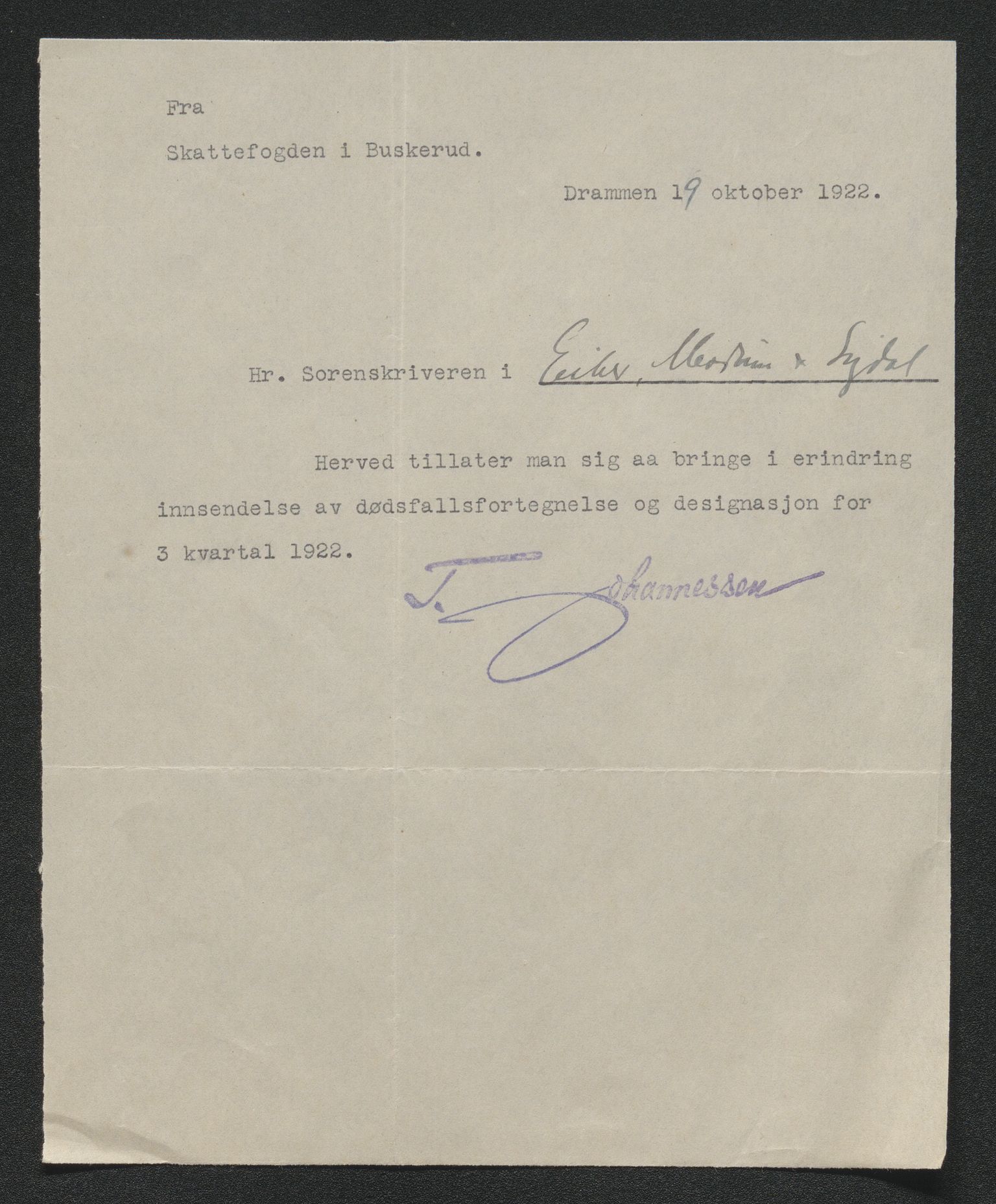 Eiker, Modum og Sigdal sorenskriveri, SAKO/A-123/H/Ha/Hab/L0041: Dødsfallsmeldinger, 1922-1923, s. 269