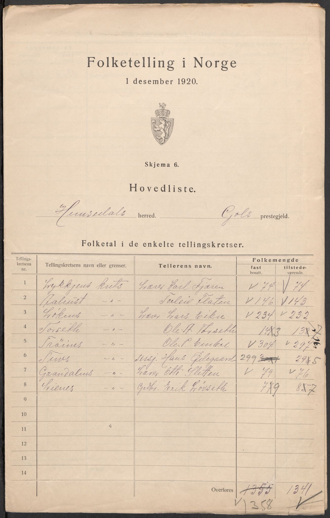 SAKO, Folketelling 1920 for 0618 Hemsedal herred, 1920, s. 2