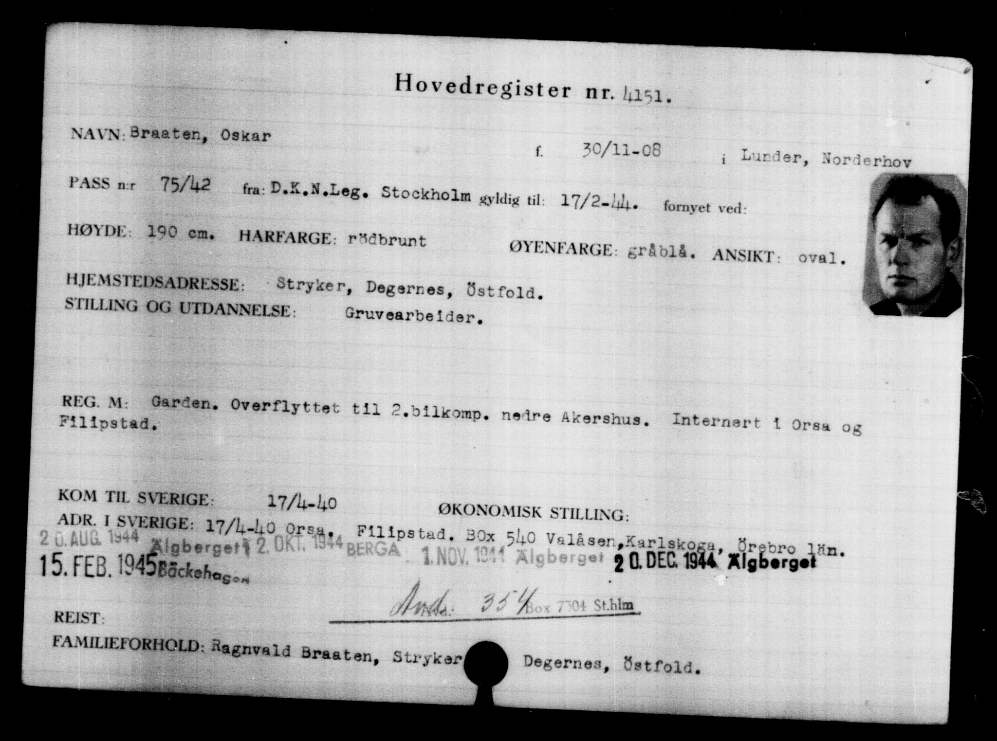 Utenriksstasjonene, Legasjonen i Stockholm, Flyktningkontoret, AV/RA-S-6753/V/Va/L0004: Kjesäterkartoteket, flyktninger med registreringsnr. 3496-6610, 1940-1945, s. 781