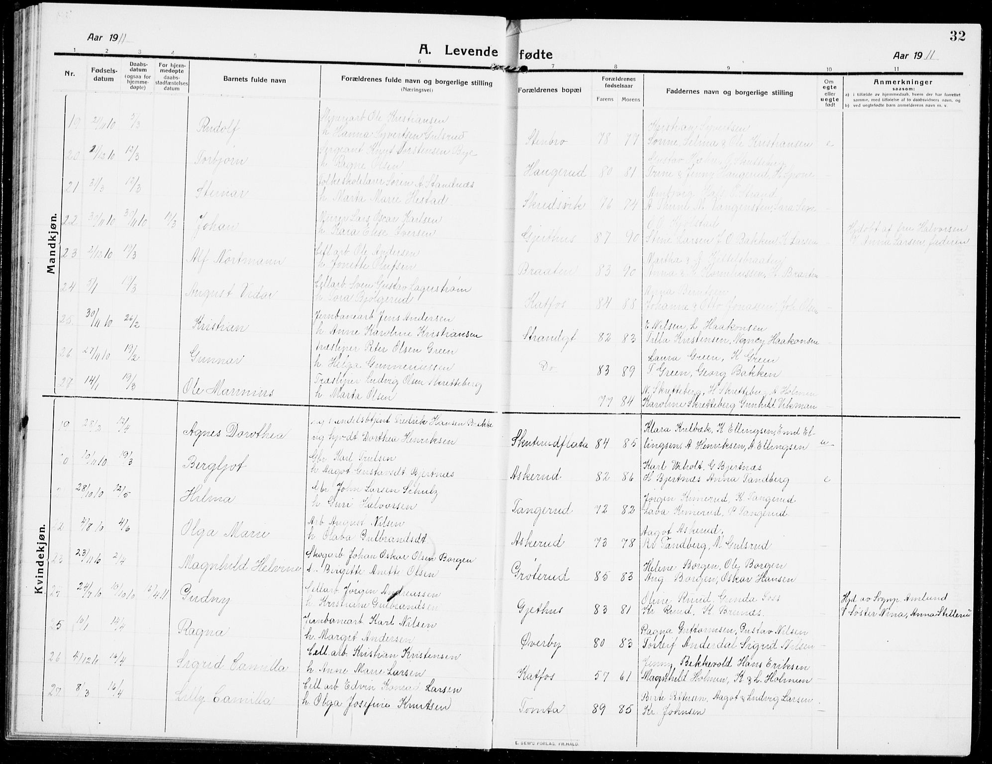 Modum kirkebøker, AV/SAKO-A-234/G/Ga/L0009: Klokkerbok nr. I 9, 1909-1923, s. 32