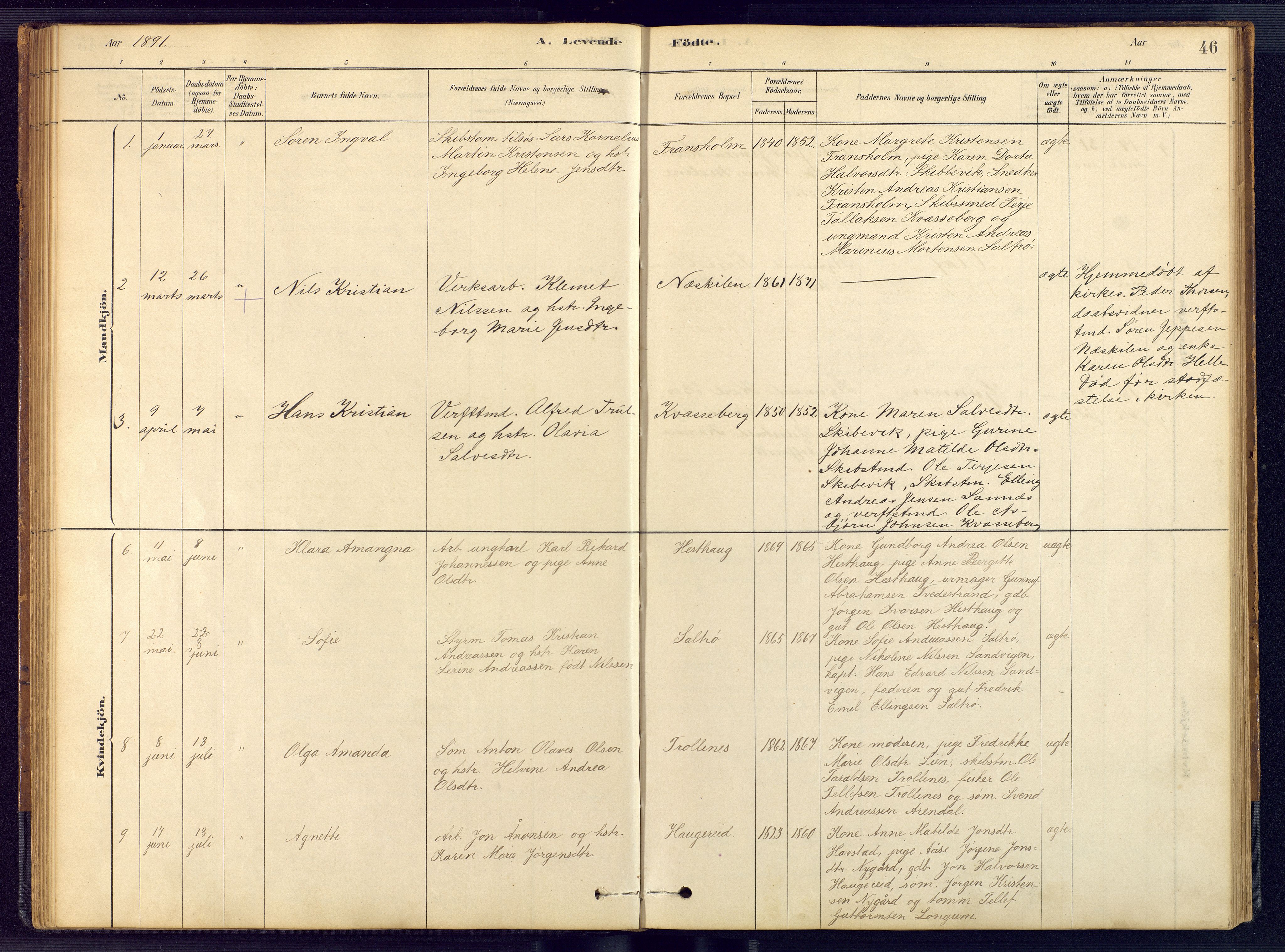 Austre Moland sokneprestkontor, SAK/1111-0001/F/Fb/Fbb/L0001: Klokkerbok nr. B 1, 1878-1904, s. 46