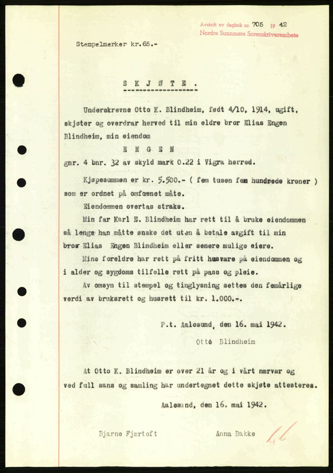 Nordre Sunnmøre sorenskriveri, AV/SAT-A-0006/1/2/2C/2Ca: Pantebok nr. A13, 1942-1942, Dagboknr: 705/1942