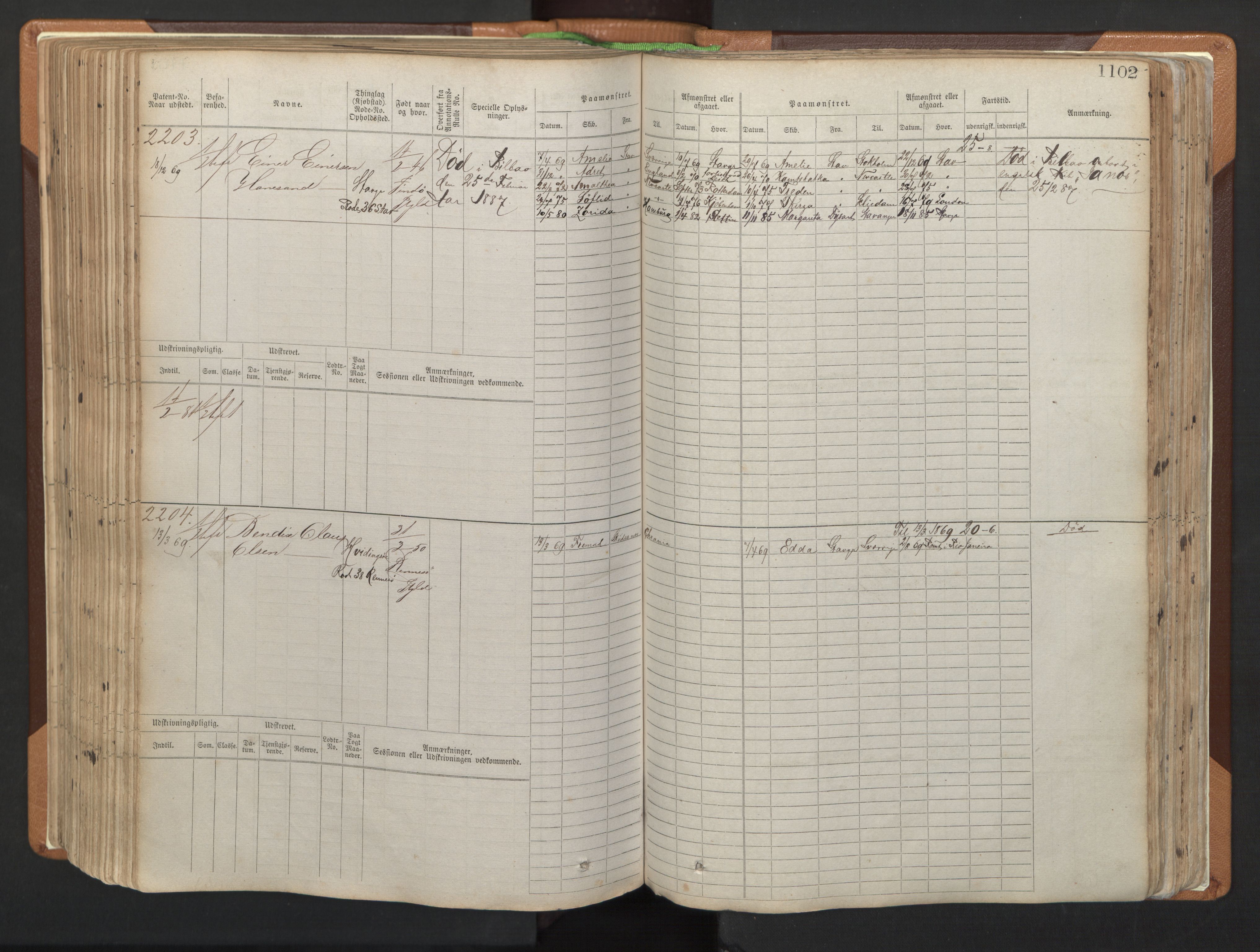 Stavanger sjømannskontor, AV/SAST-A-102006/F/Fb/Fbb/L0006: Sjøfartshovedrulle, patentnr. 1607-2402 (del 3), 1869-1880, s. 302