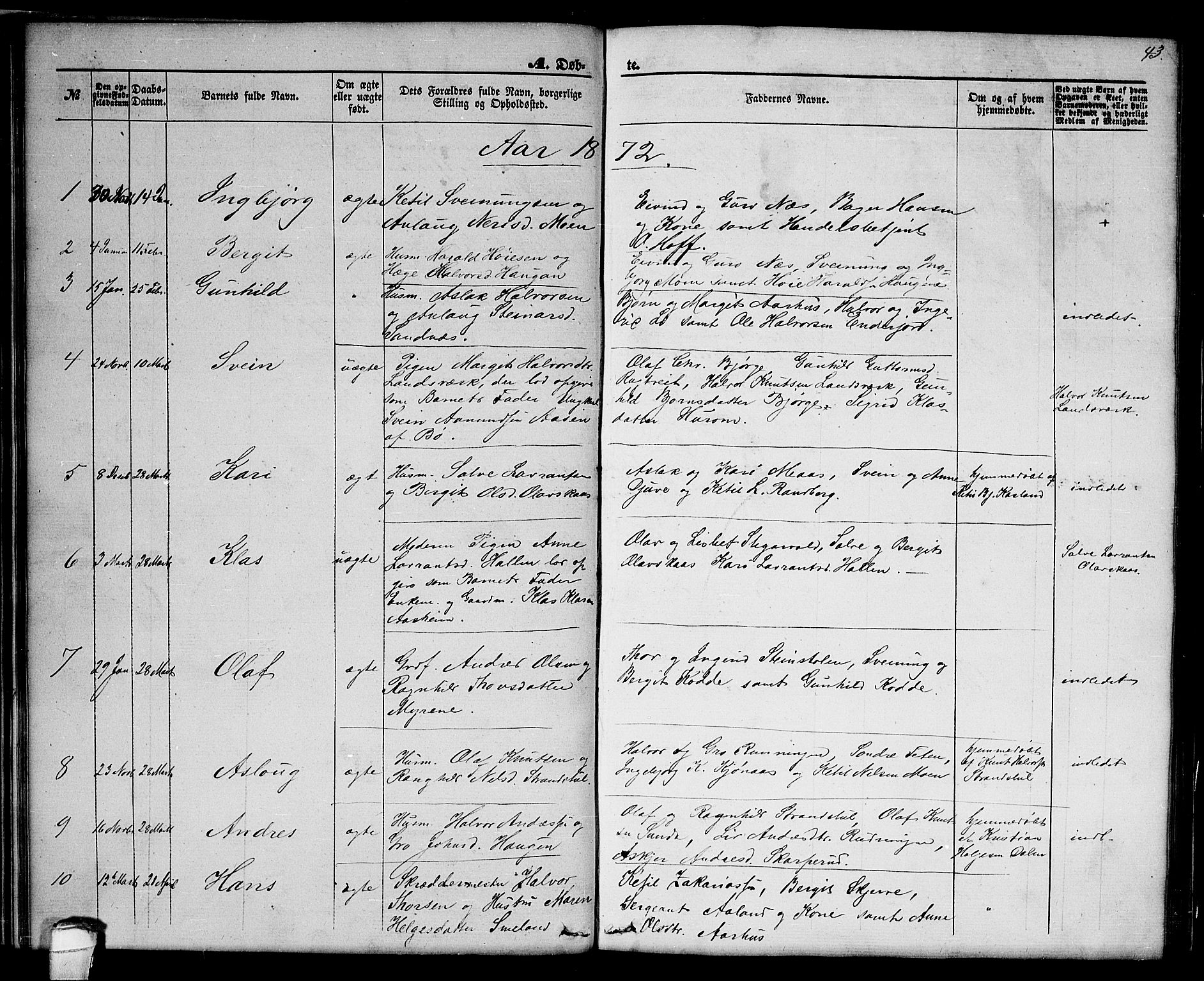 Seljord kirkebøker, AV/SAKO-A-20/G/Ga/L0003: Klokkerbok nr. I 3, 1866-1873, s. 43