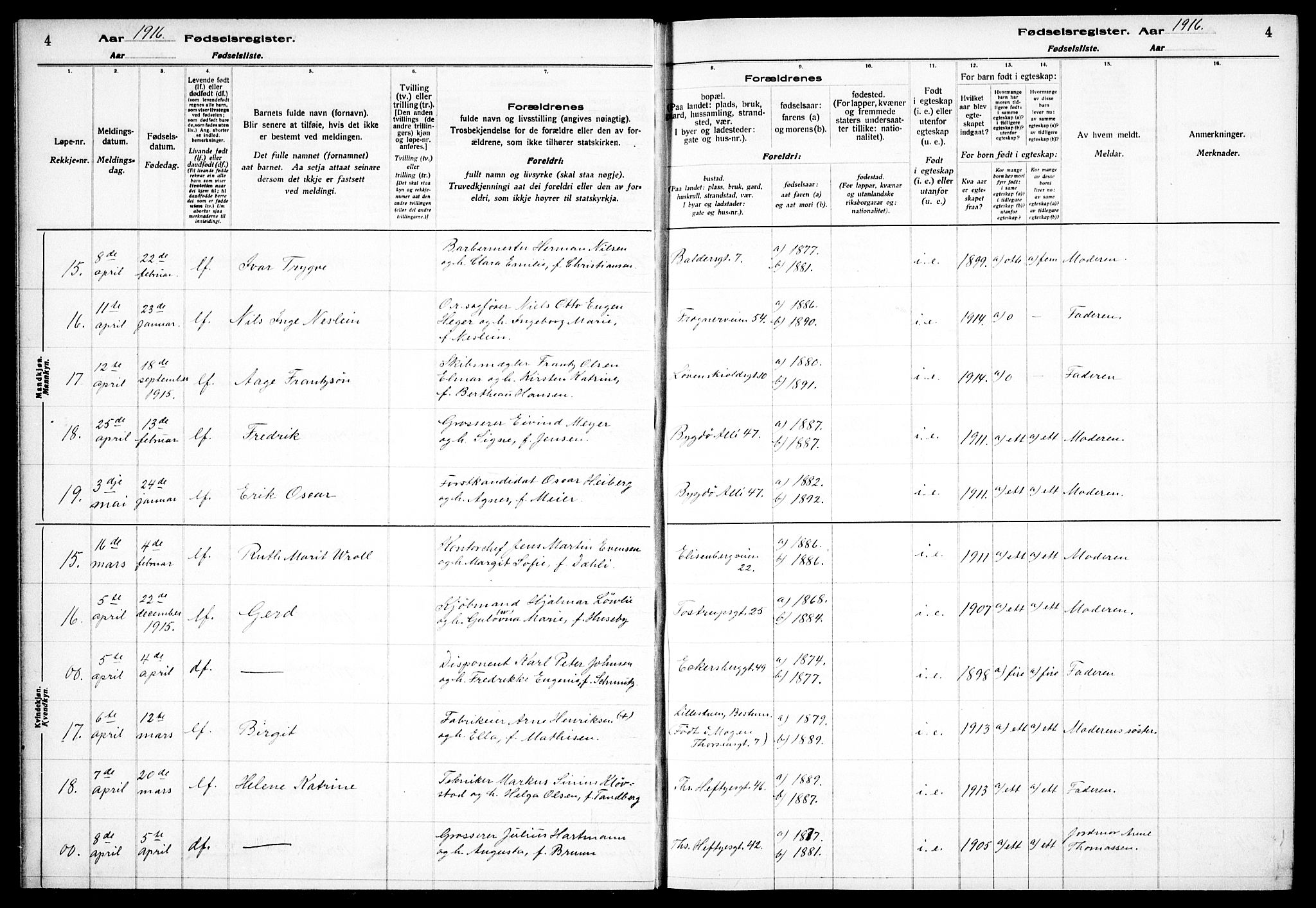 Frogner prestekontor Kirkebøker, AV/SAO-A-10886/J/Ja/L0001: Fødselsregister nr. 1, 1916-1927, s. 4