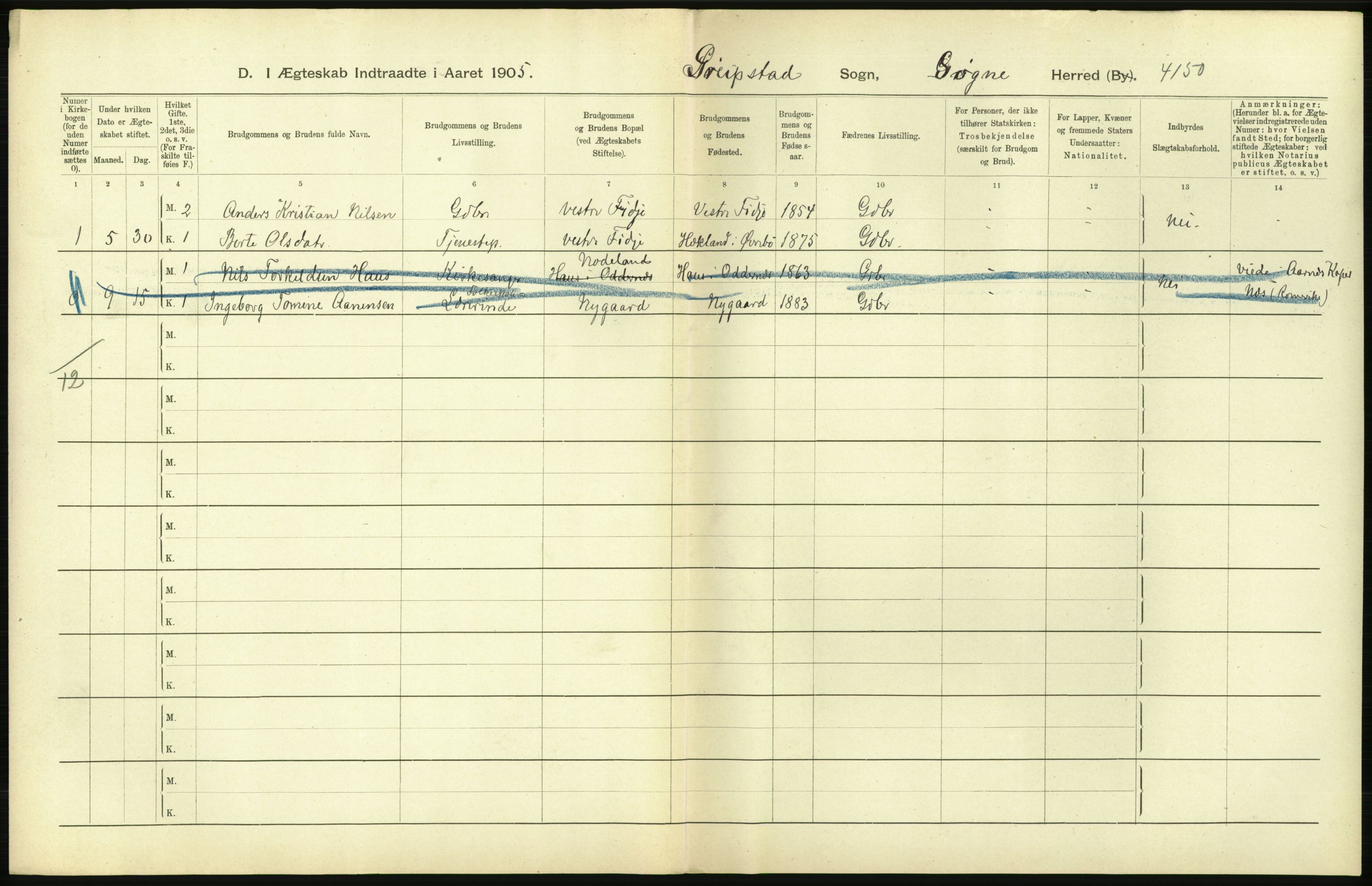 Statistisk sentralbyrå, Sosiodemografiske emner, Befolkning, AV/RA-S-2228/D/Df/Dfa/Dfac/L0020: Lister og Mandals amt: Fødte. Bygder, 1905, s. 26