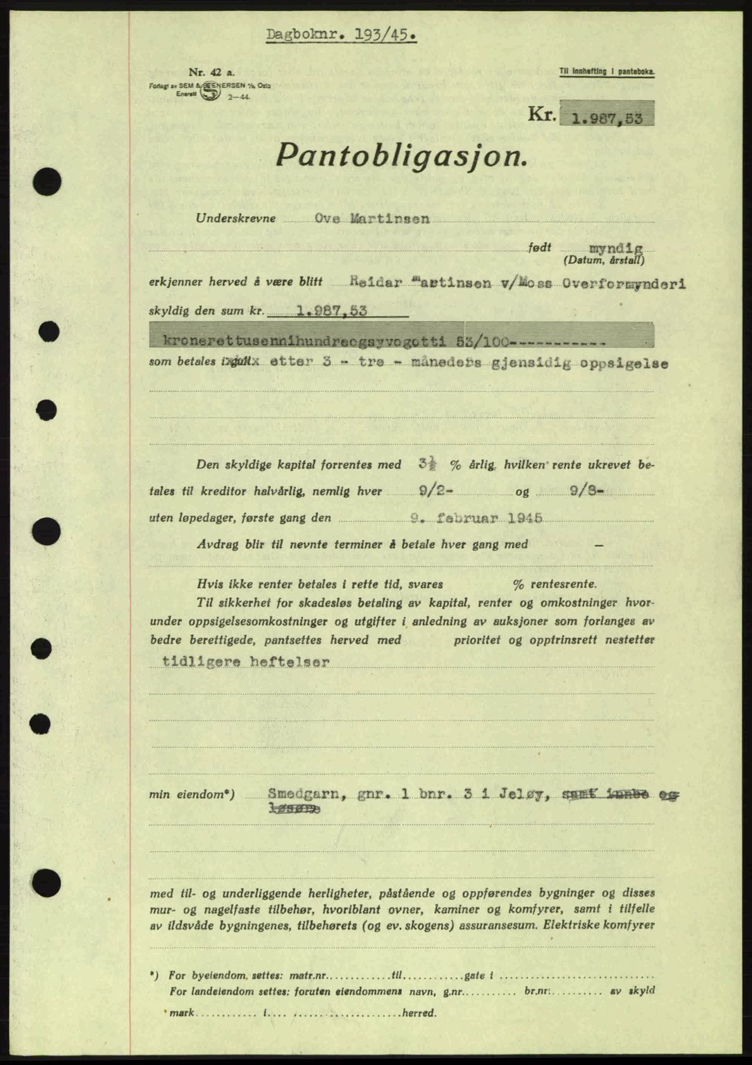 Moss sorenskriveri, SAO/A-10168: Pantebok nr. B13, 1943-1945, Dagboknr: 193/1945